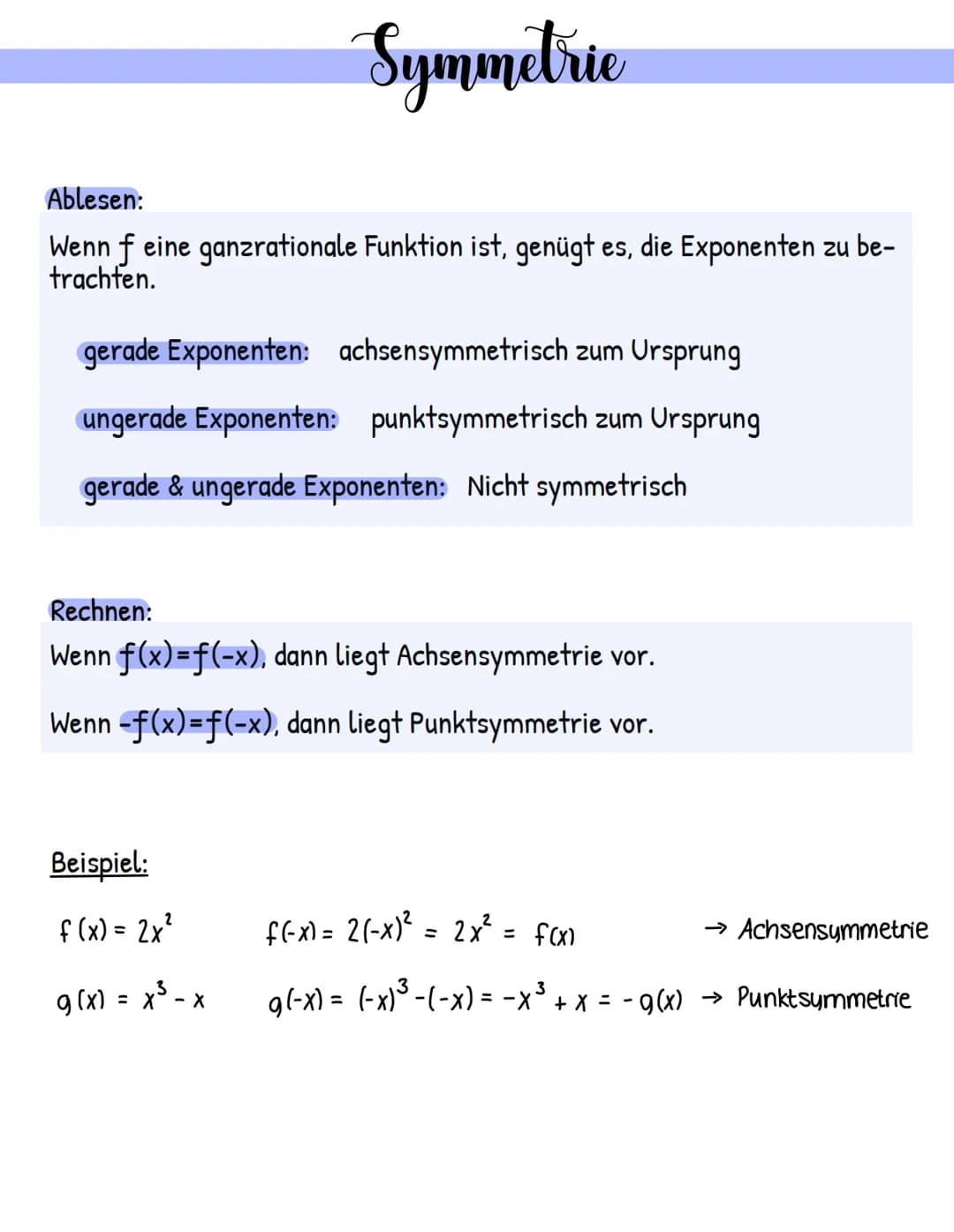Symmetrie
Ablesen:
Wenn f eine ganzrationale Funktion ist, genügt es, die Exponenten zu be-
trachten.
gerade Exponenten: achsensymmetrisch z