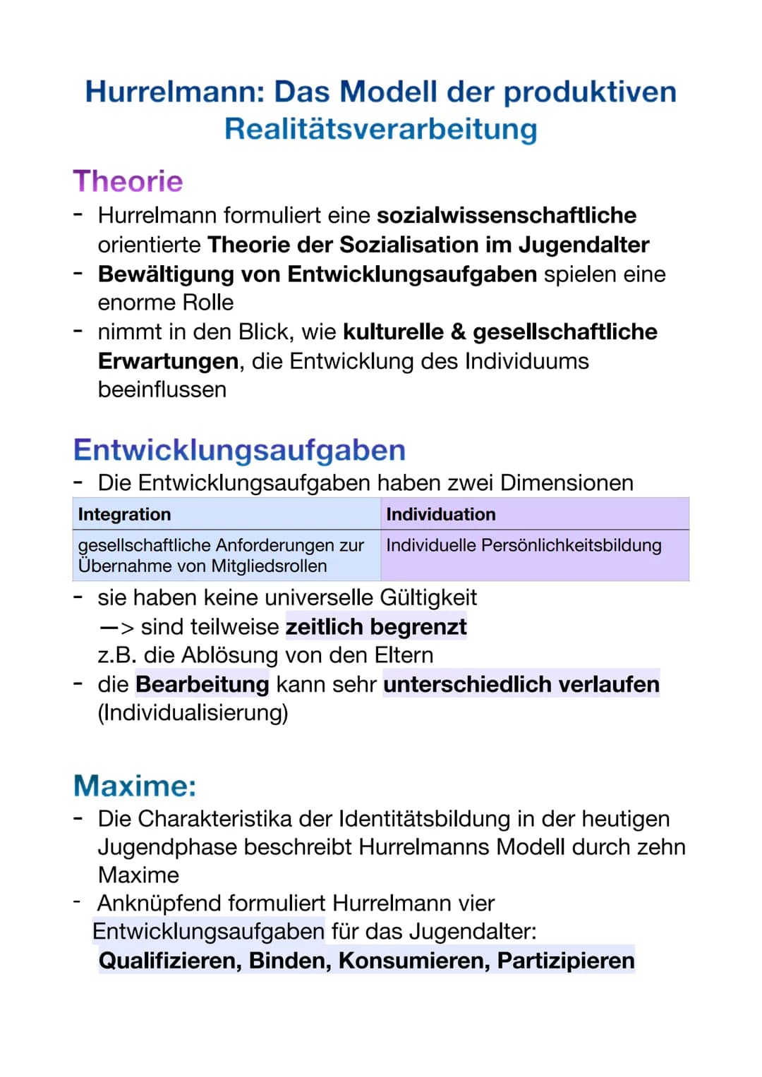 Hurrelmann: Das Modell der produktiven
Realitätsverarbeitung
Theorie
Hurrelmann formuliert eine sozialwissenschaftliche
orientierte Theorie 