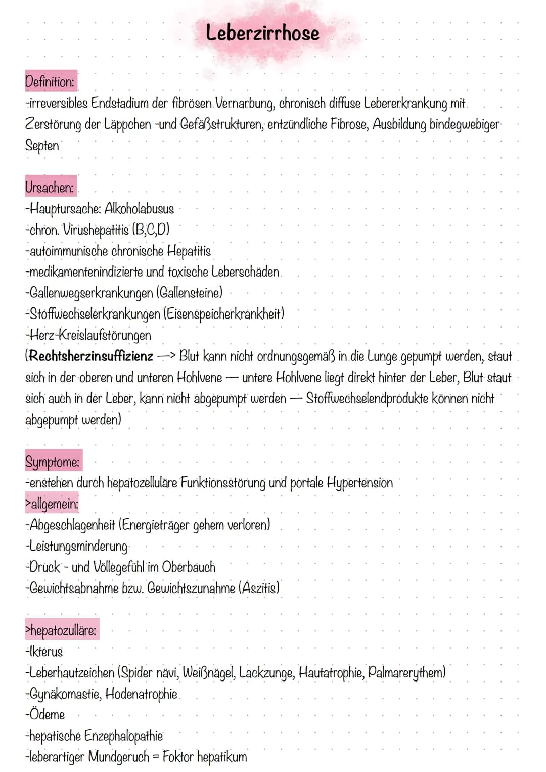 Leberzirrhose
Definition:
-irreversibles Endstadium der fibrösen Vernarbung, chronisch diffuse Lebererkrankung mit.
Zerstörung der Läppchen 