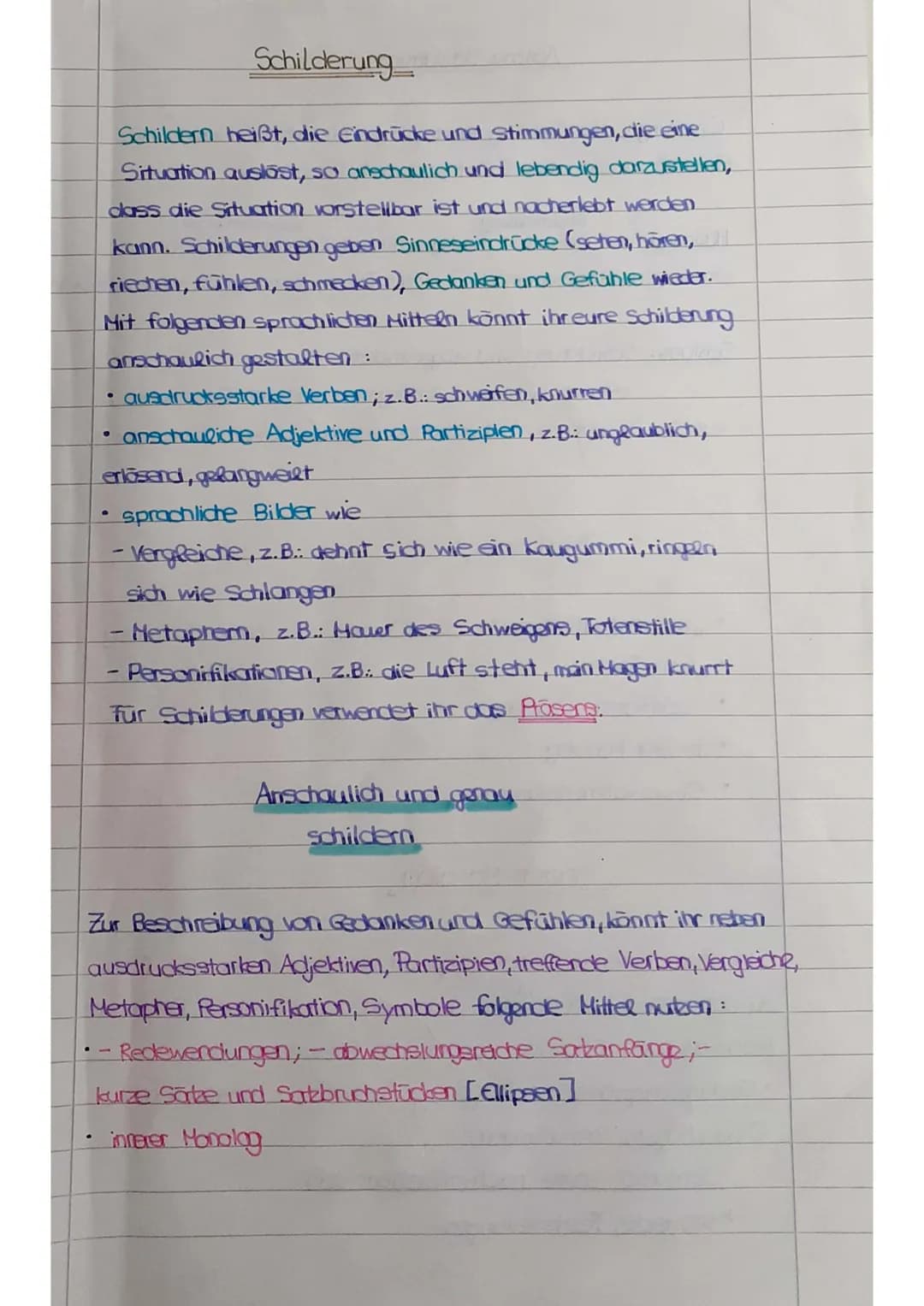 Schilderung
Schildern heißt, die Eindrücke und Stimmungen, die eine
Situation auslöst, so anschaulich und lebendig darzustellen,
dass die Si