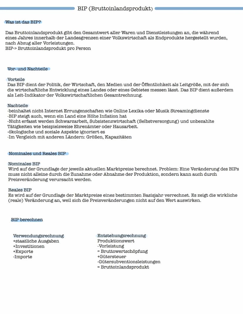 Klausur: BIP und Wirtschaftswachstum
1. BIP (Bruttoinlandsprodukt)
-Vor- und Nachteile (Kritik)
-reales und nominales BIP
-BIP berechnen
-wi