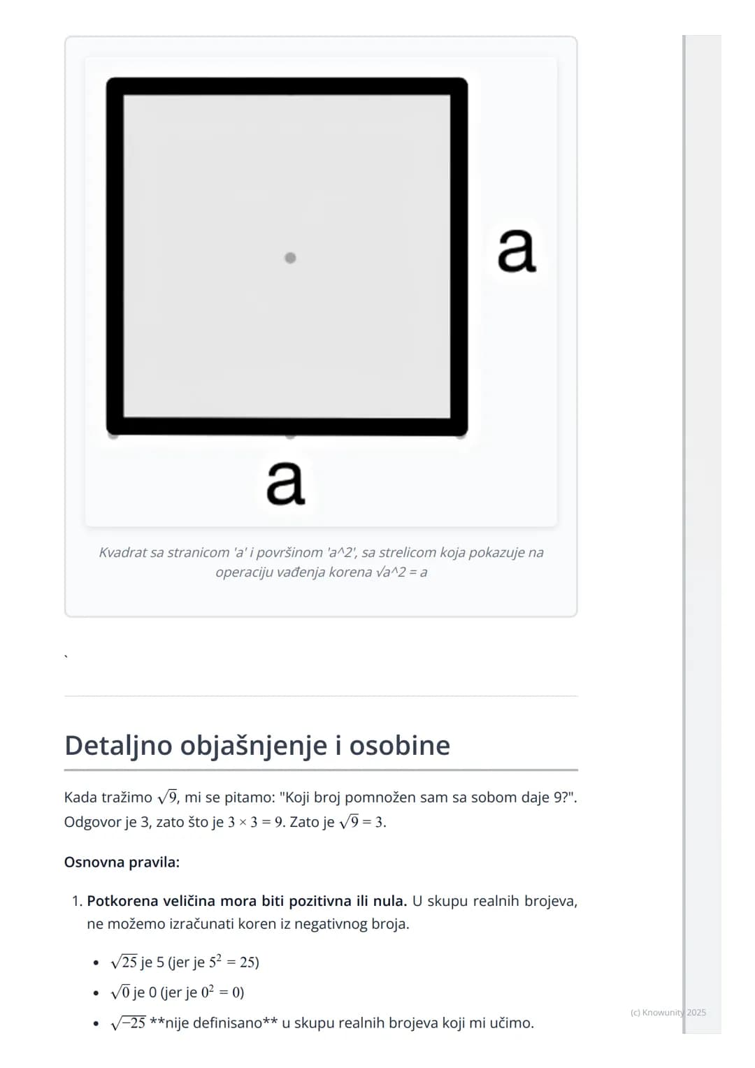 # Pojam i osobine kvadratnog
korena

Uvod u kvadratni koren

Kvadratni koren je matematička operacija suprotna (inverzna) operaciji
kvadrira