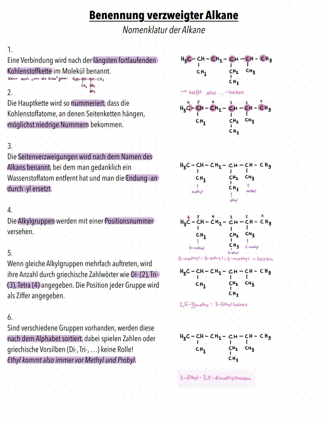 Benennung verzweigter Alkane
Nomenklatur der Alkane
1.
Eine Verbindung wird nach der längsten fortlaufenden
Kohlenstoffkette im Molekül bena