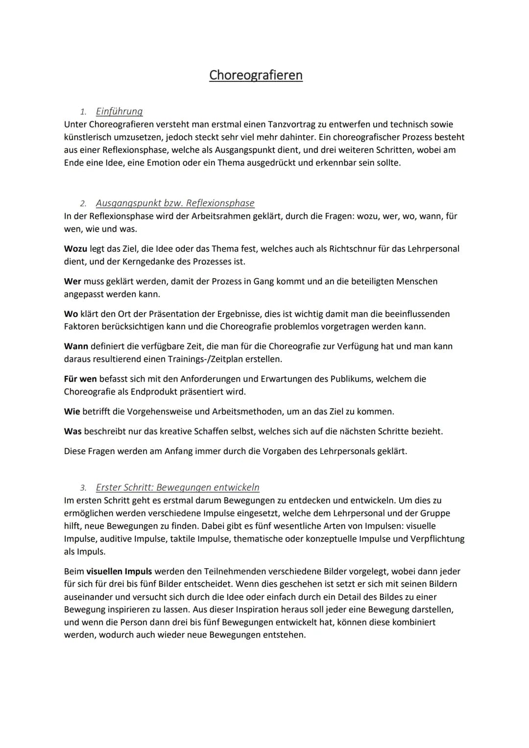Choreografieren
1. Einführung
Unter Choreografieren versteht man erstmal einen Tanzvortrag zu entwerfen und technisch sowie
künstlerisch umz