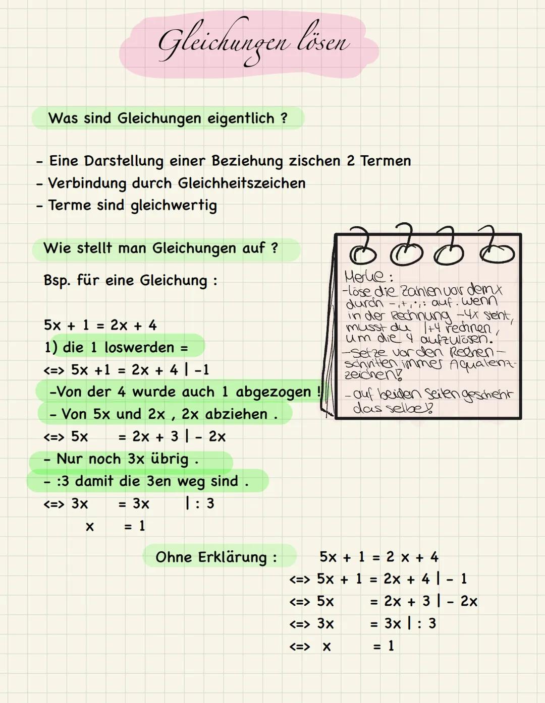 Was sind Gleichungen eigentlich ?
- Eine Darstellung einer Beziehung zischen 2 Termen
- Verbindung durch Gleichheitszeichen
- Terme sind gle