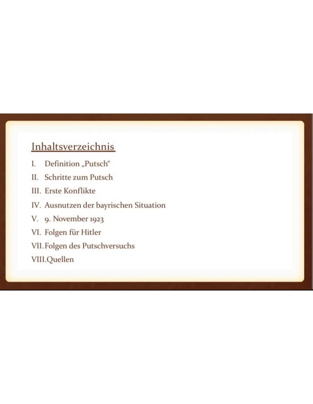 Der Hitlerputsch
(Hitler-Ludendorff-Putsch)
1923
STOSSTRUPP HITLER
MÜNCHEN
Vor Inhaltsverzeichnis
I. Definition ,,Putsch"
II. Schritte zum P