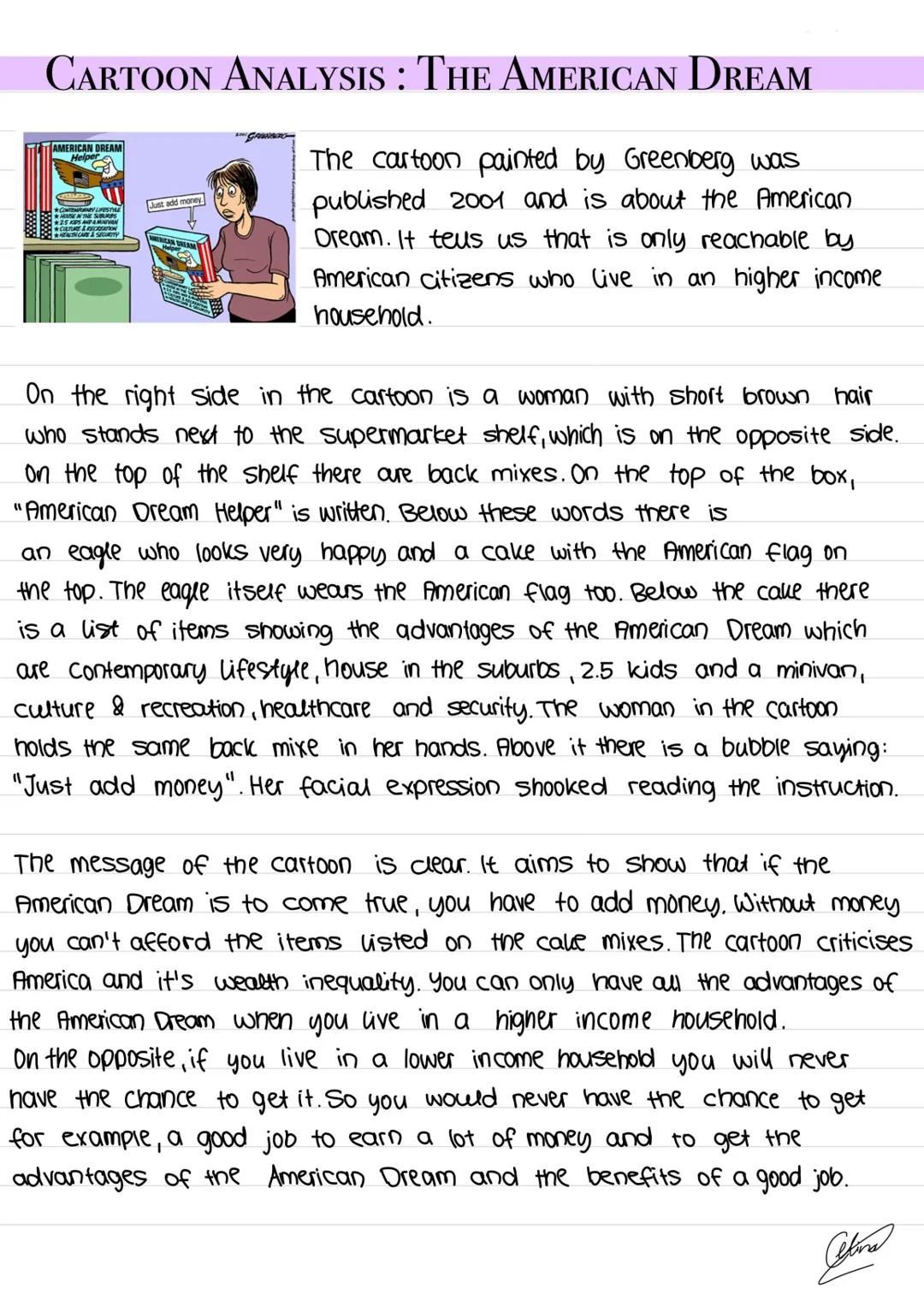 # CARTOON ANALYSIS: THE AMERICAN DREAM

AMERICAN DREAM

The cartoon painted by Greenberg was
published 2001 and is about the American
Dream.