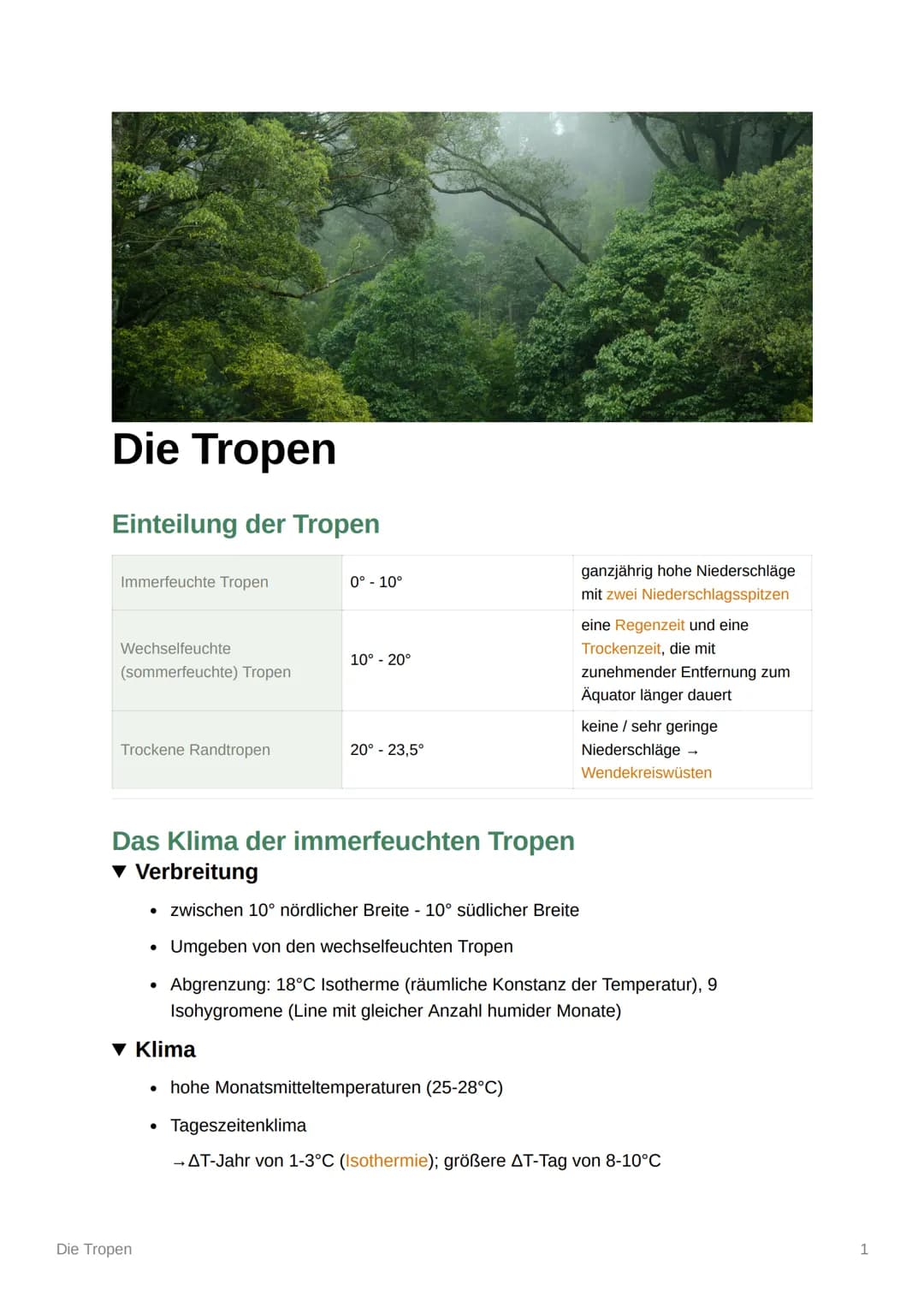 Die Tropen
Einteilung der Tropen
Immerfeuchte Tropen
Wechselfeuchte
(sommerfeuchte) Tropen
Trockene Randtropen
●
▼ Klima
Die Tropen
0° -10°
