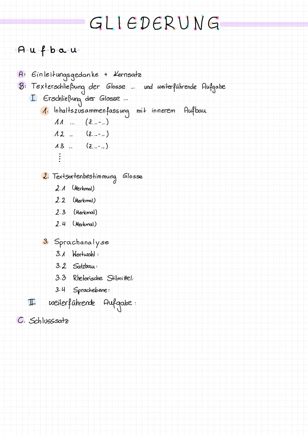 Aufbau
GLIEDERUNG
A: Einleitungsgedanke
+ Kernsatz
B: Texterschließung der Glosse und weiterführende Aufgabe
I. Erschließung der Glosse
1. I