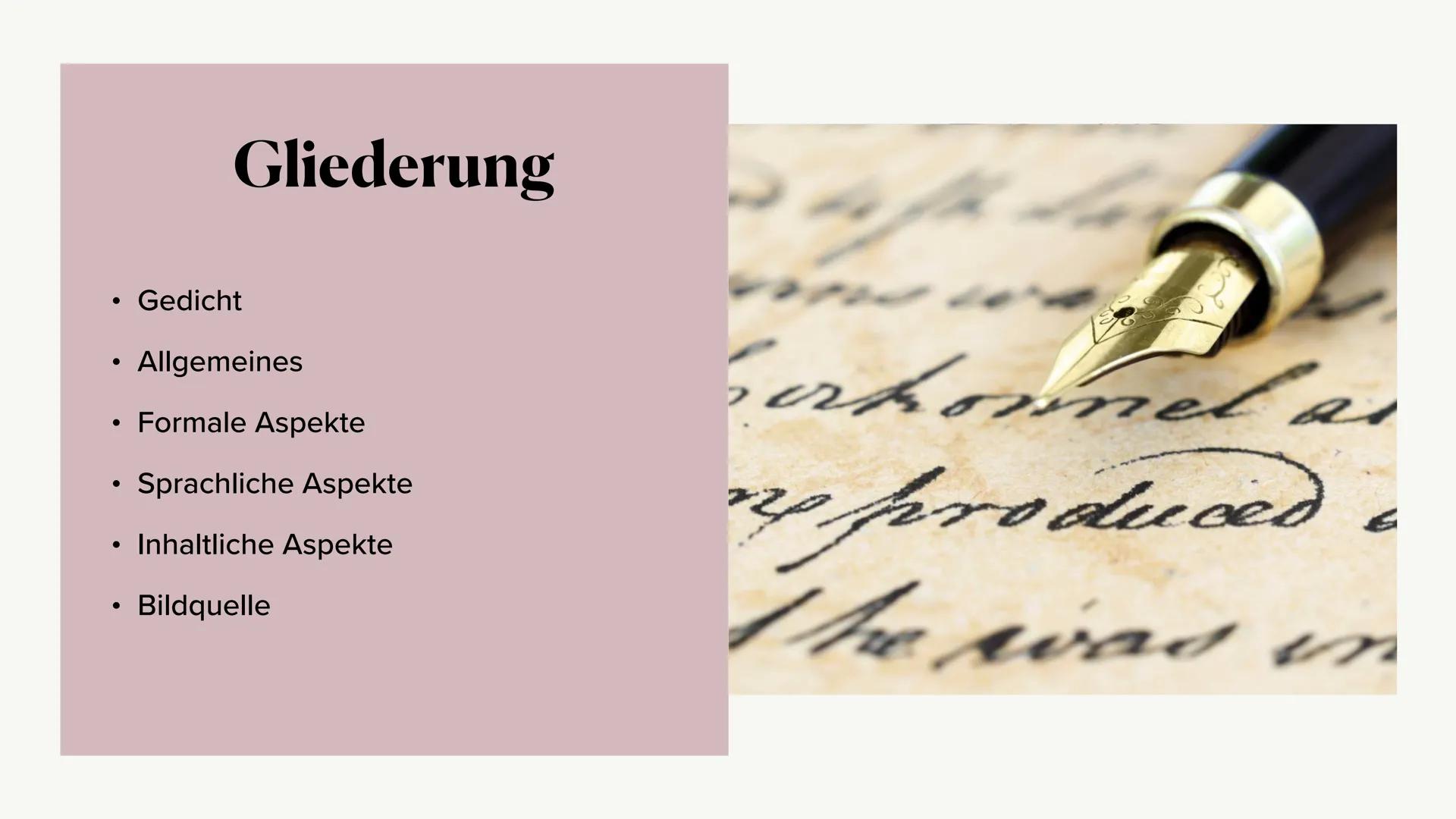 Gedichtinterpretation
von dem Liebesgedicht "Nie mehr"
Von Anna Schepmann ●
Allgemeines
• Formale Aspekte
●
Gliederung
●
Gedicht
Sprachliche