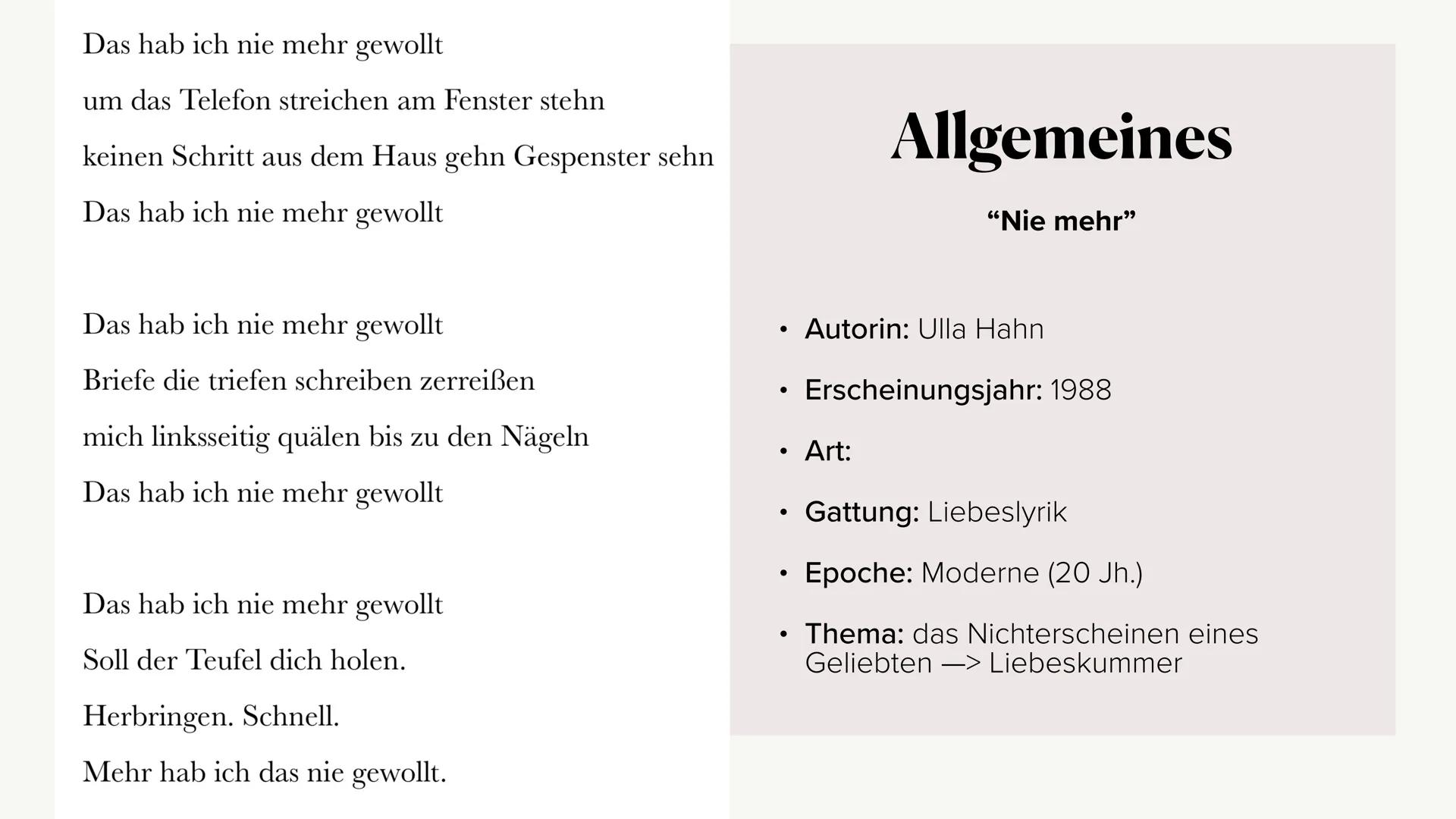 Gedichtinterpretation
von dem Liebesgedicht "Nie mehr"
Von Anna Schepmann ●
Allgemeines
• Formale Aspekte
●
Gliederung
●
Gedicht
Sprachliche