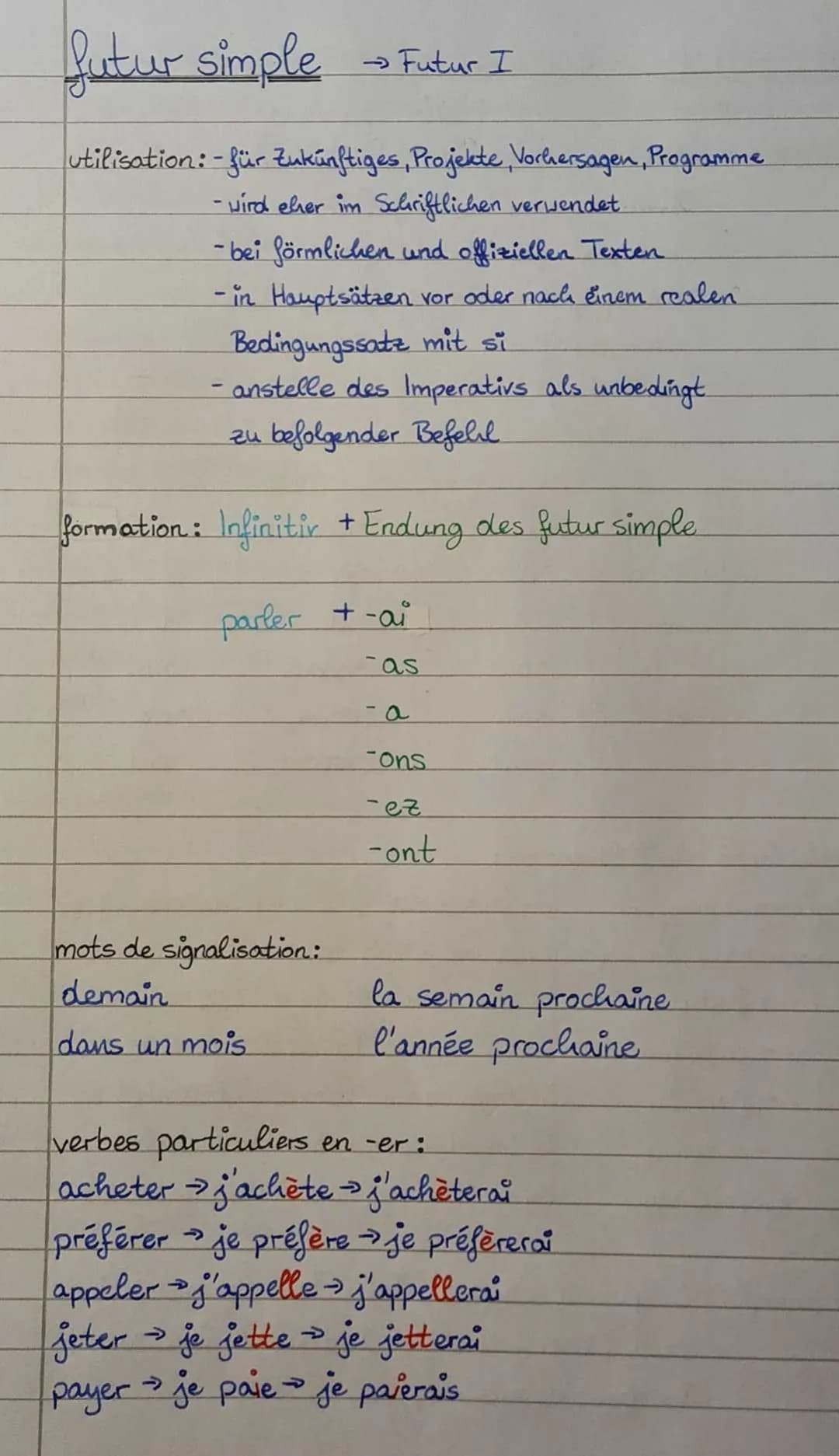 futur simple
utilisation: -für Zukünftiges, Projekte, Vorhersagen, Programme
- wird eher im Schriftlichen verwendet
-bei förmlichen und offi