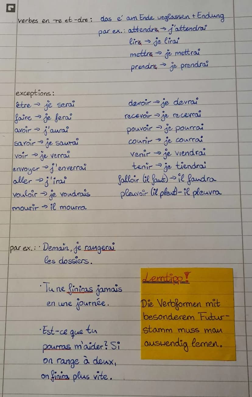 futur simple
utilisation: -für Zukünftiges, Projekte, Vorhersagen, Programme
- wird eher im Schriftlichen verwendet
-bei förmlichen und offi