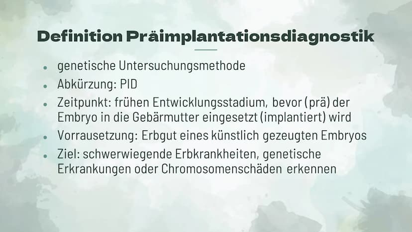 Präimplantationsdiagnostik
und Pränataldiagnostik
Von Alessiajoy Menzel, Theresa Schreiber und
Hannah Roth Inhaltsverzeichnis
1) Präimplanta