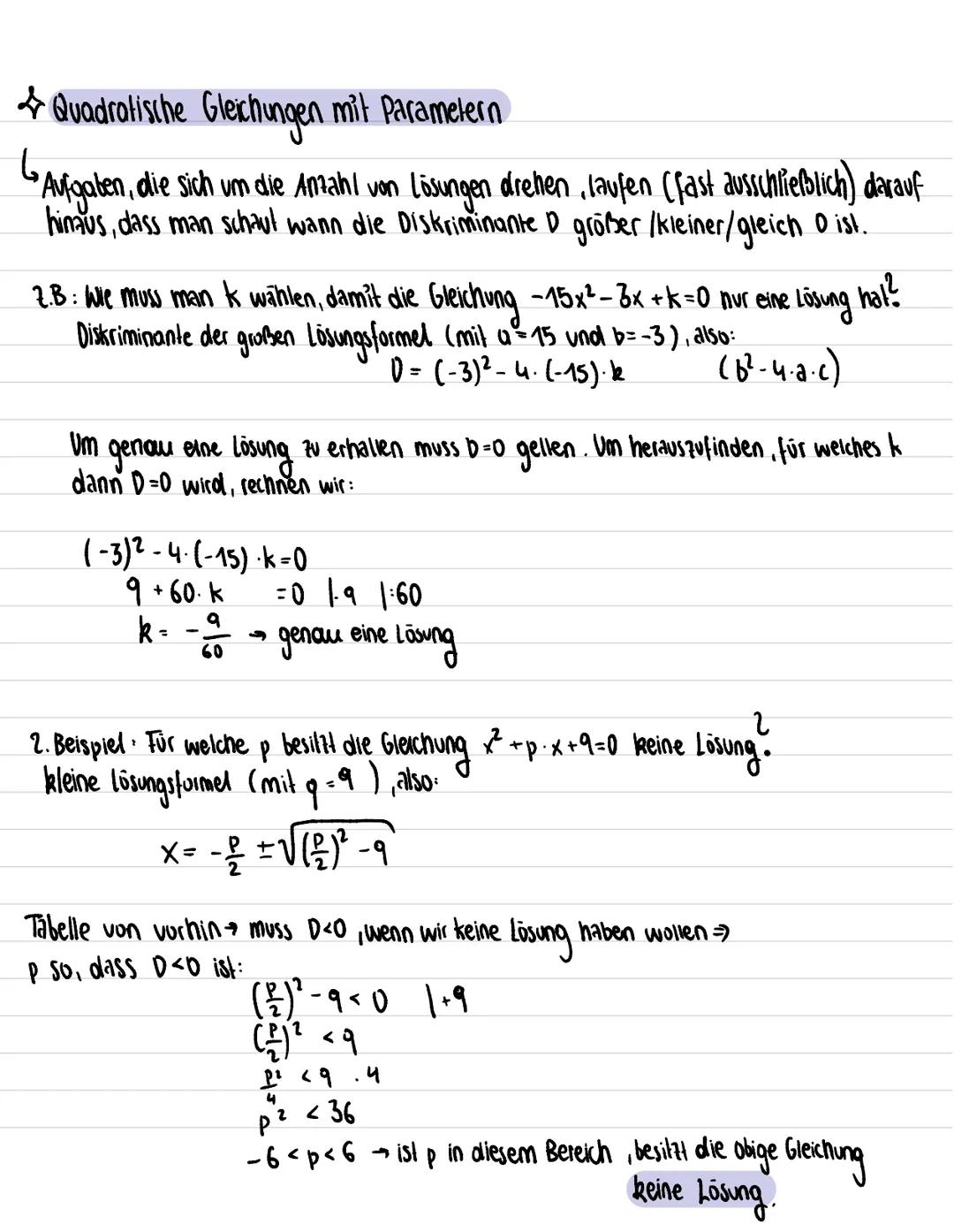 Quadratische Gleichungen
Sonderfalle
! Beim Sonderfall ax² + c =0 darf man die negative Lösung nicht vergessen
Z.B:
x²-36-0
✓ = 36 |√
= ±6
*