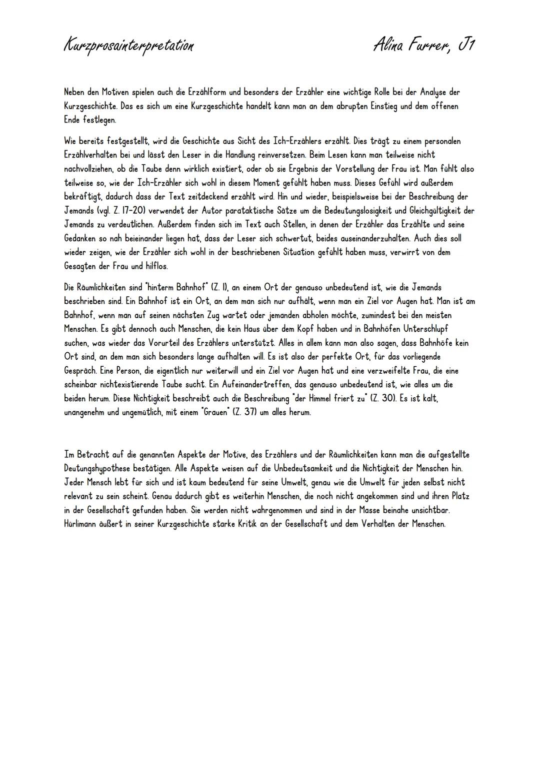 # Kurzprosainterpretation

Alina Furrer, J1

In der Kurzgeschichte "Flug durch Zürich von Thomas Hürlimann aus 1992 geht es um eine verwirrt
