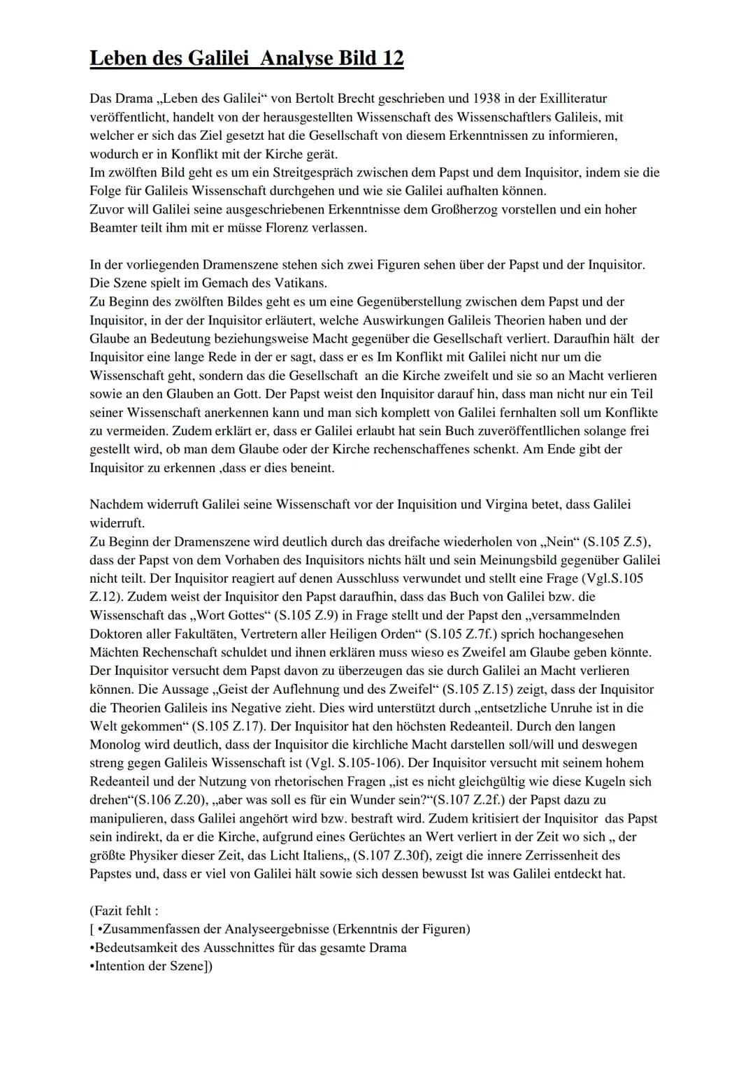 Leben des Galilei Analyse Bild 12
Das Drama ,,Leben des Galilei" von Bertolt Brecht geschrieben und 1938 in der Exilliteratur
veröffentlicht