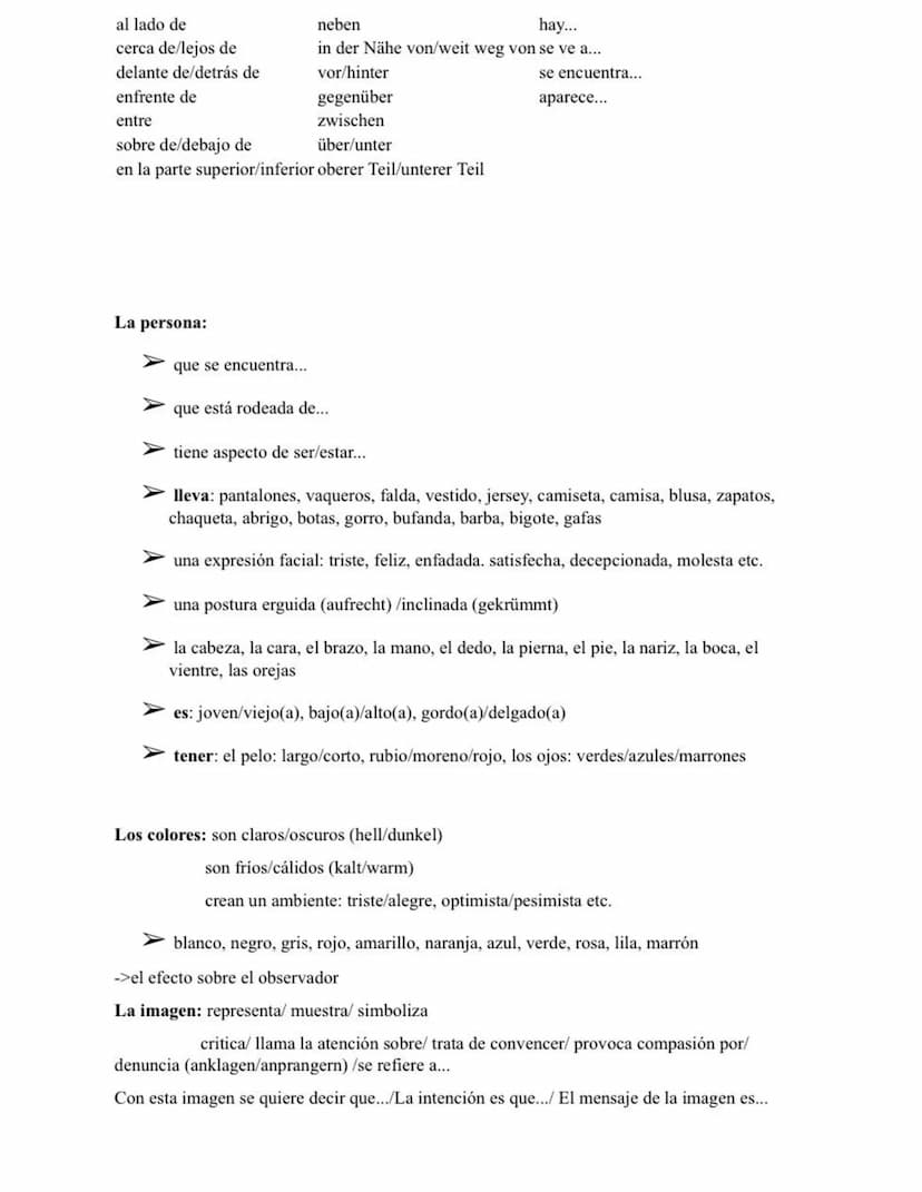 Describir y analizar una imagen
1.) Einleitung: Künstler, Bildart, Titel, Veröffentlichungsdatum-& ort, Thema
-la imagen: Bild
-el cuadro: G