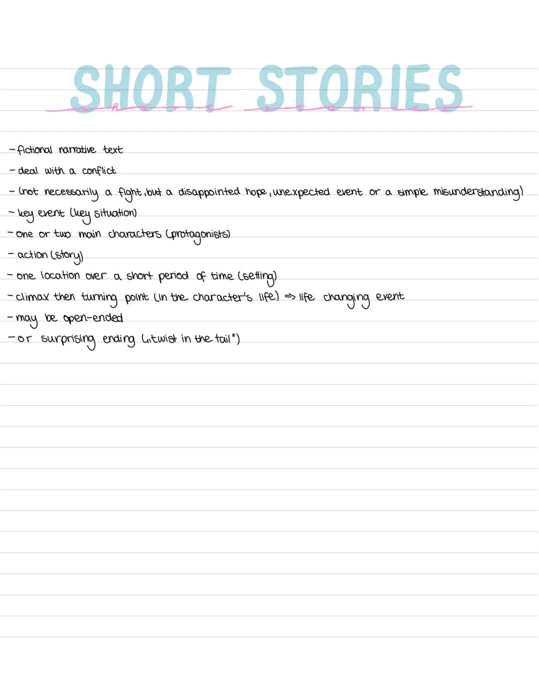SHORT STORIES
-fictional narrative text
- deal with a conflict.
- (not necessarily a fight, but a disappointed hope, unexpected event or a s