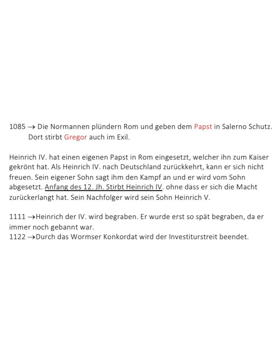 
<p>Im Jahr 1085 plünderten die Normannen Rom und gewährten dem Papst in Salerno Schutz. Dort starb auch der Papst Gregor im Exil. </p>
<p>H