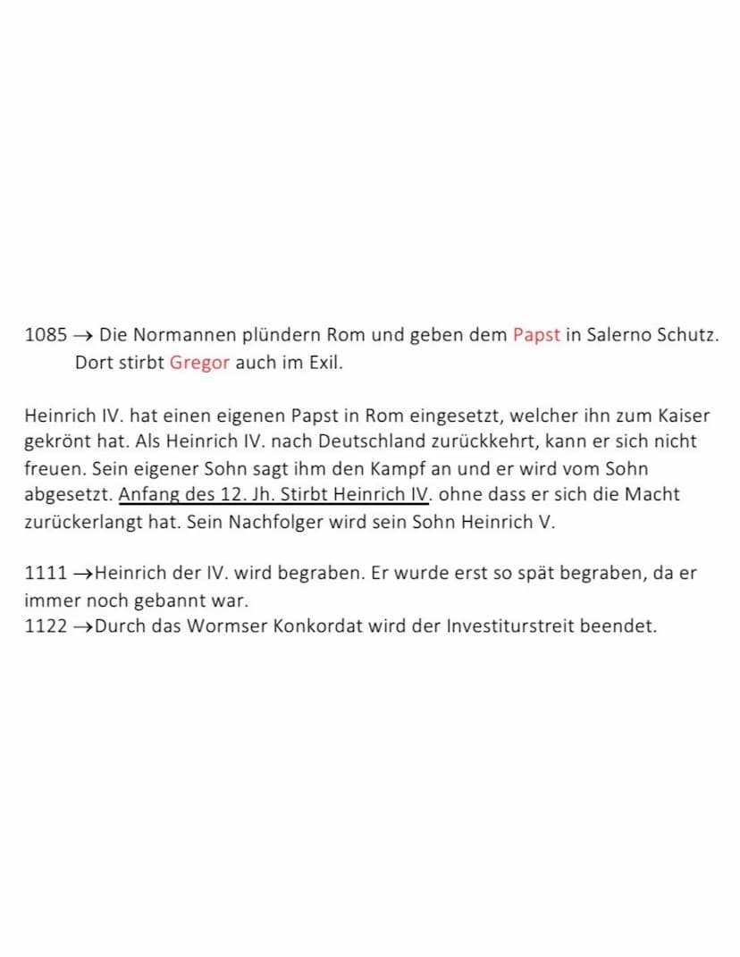 
<p>Im Jahr 1085 plünderten die Normannen Rom und gewährten dem Papst in Salerno Schutz. Dort starb auch der Papst Gregor im Exil. </p>
<p>H