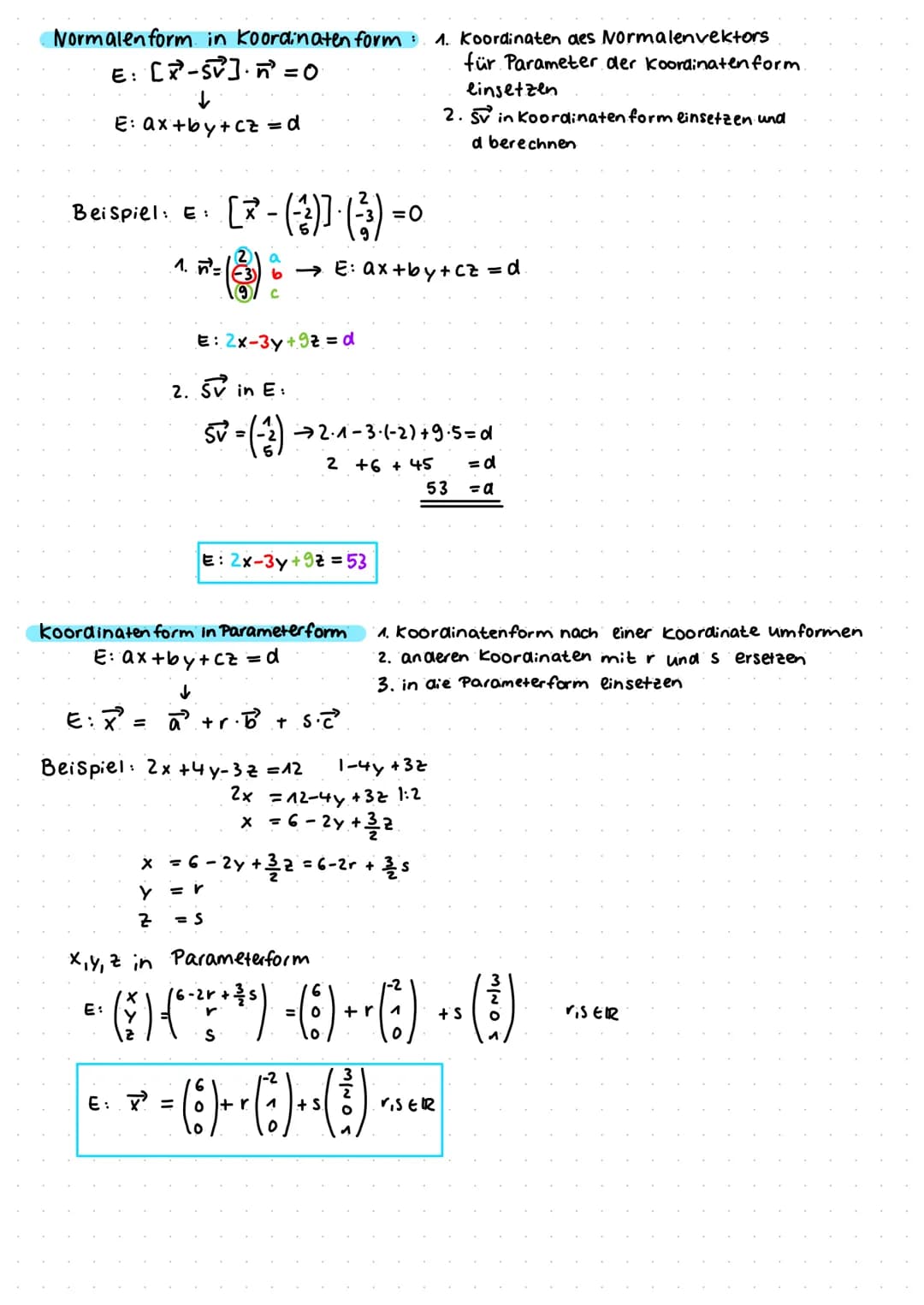 Parameterform: EX² =
mit rund sER
AC
Ebenen
SV + r Span V₁ + S. Span Vz
+ S. AC
C
E : X² = A +r AB
E: =
a +r·b² + 5.2²
Ebene E
Normalen form