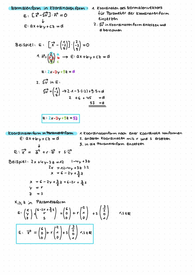 Parameterform: EX² =
mit rund sER
AC
Ebenen
SV + r Span V₁ + S. Span Vz
+ S. AC
C
E : X² = A +r AB
E: =
a +r·b² + 5.2²
Ebene E
Normalen form