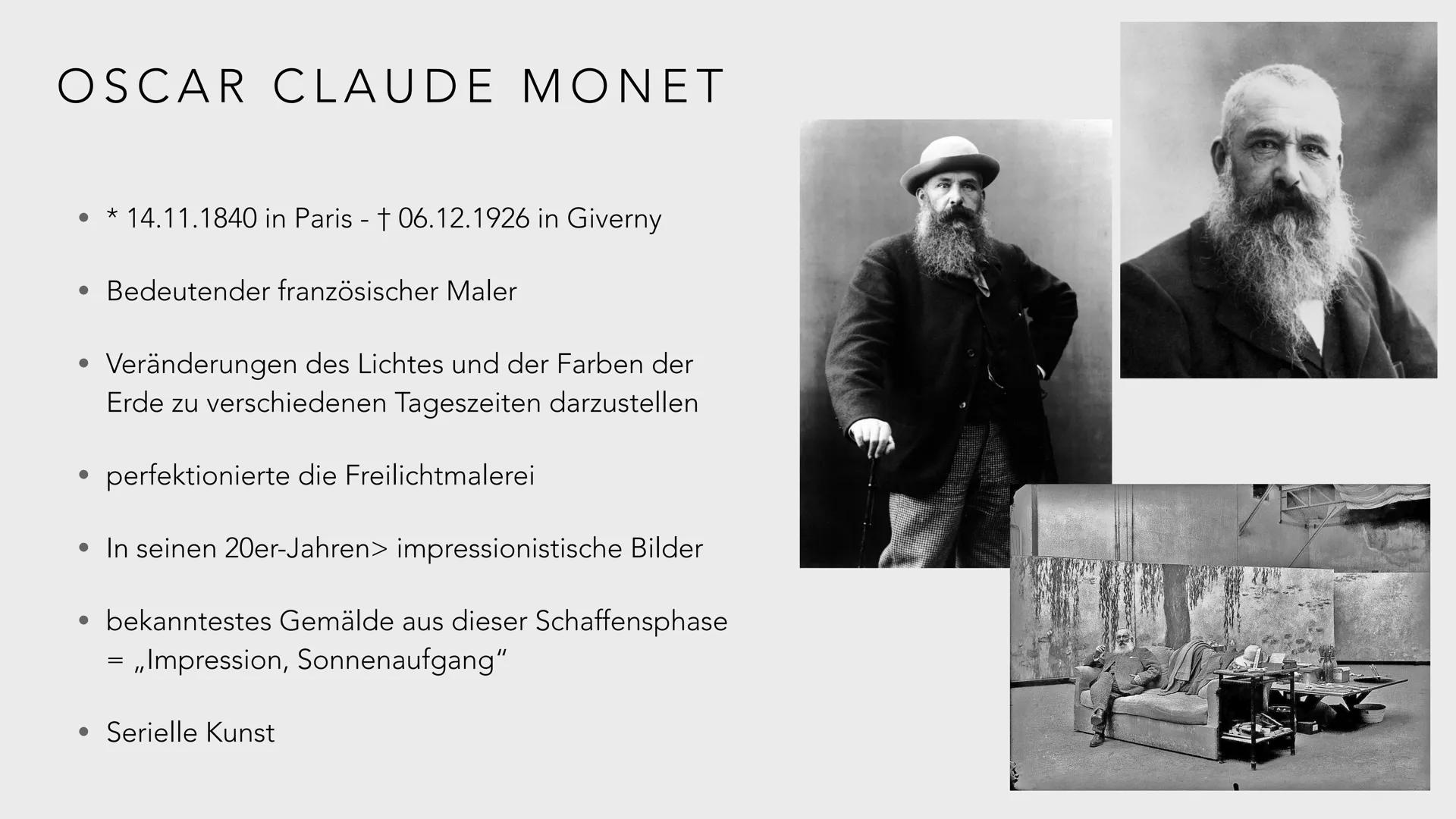 CLAUDE MONET: IMPRESSION, SOLEIL LEVANT GLIEDERUNG
●
Oscar Claude Monet
Impressionismus
Bildanalyse
Weitere Werke
• Quellen
Der Spaziergang.