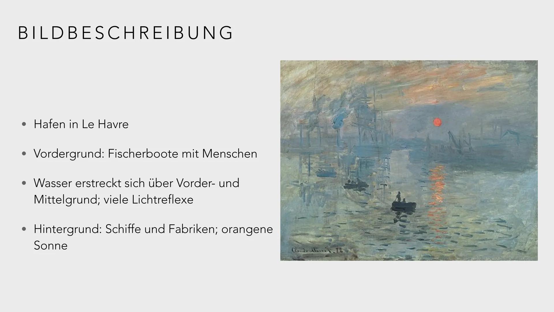 CLAUDE MONET: IMPRESSION, SOLEIL LEVANT GLIEDERUNG
●
Oscar Claude Monet
Impressionismus
Bildanalyse
Weitere Werke
• Quellen
Der Spaziergang.