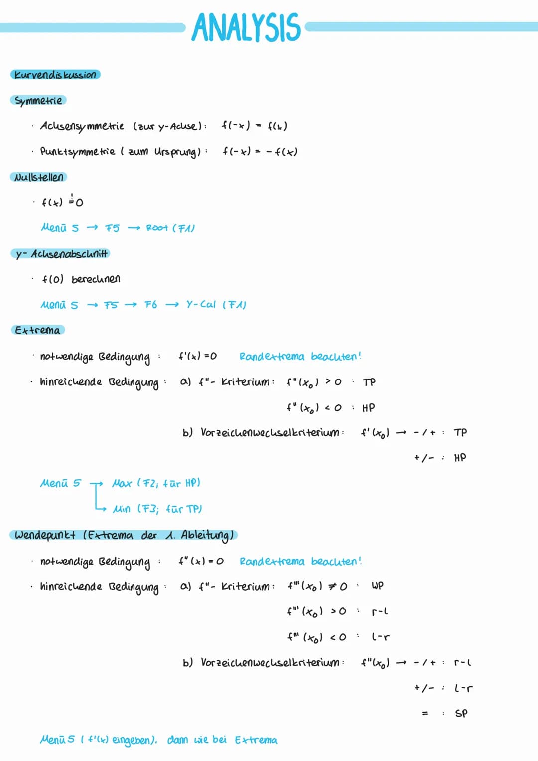 Kurvendiskussion
Symmetrie
Achsensymmetrie (zury-Acuse):
f(-x) = f(x)
Punktsymmetrie ( zum Ursprung): f(-x) = f(x)
Nullstellen
f(x) = 0
Menu