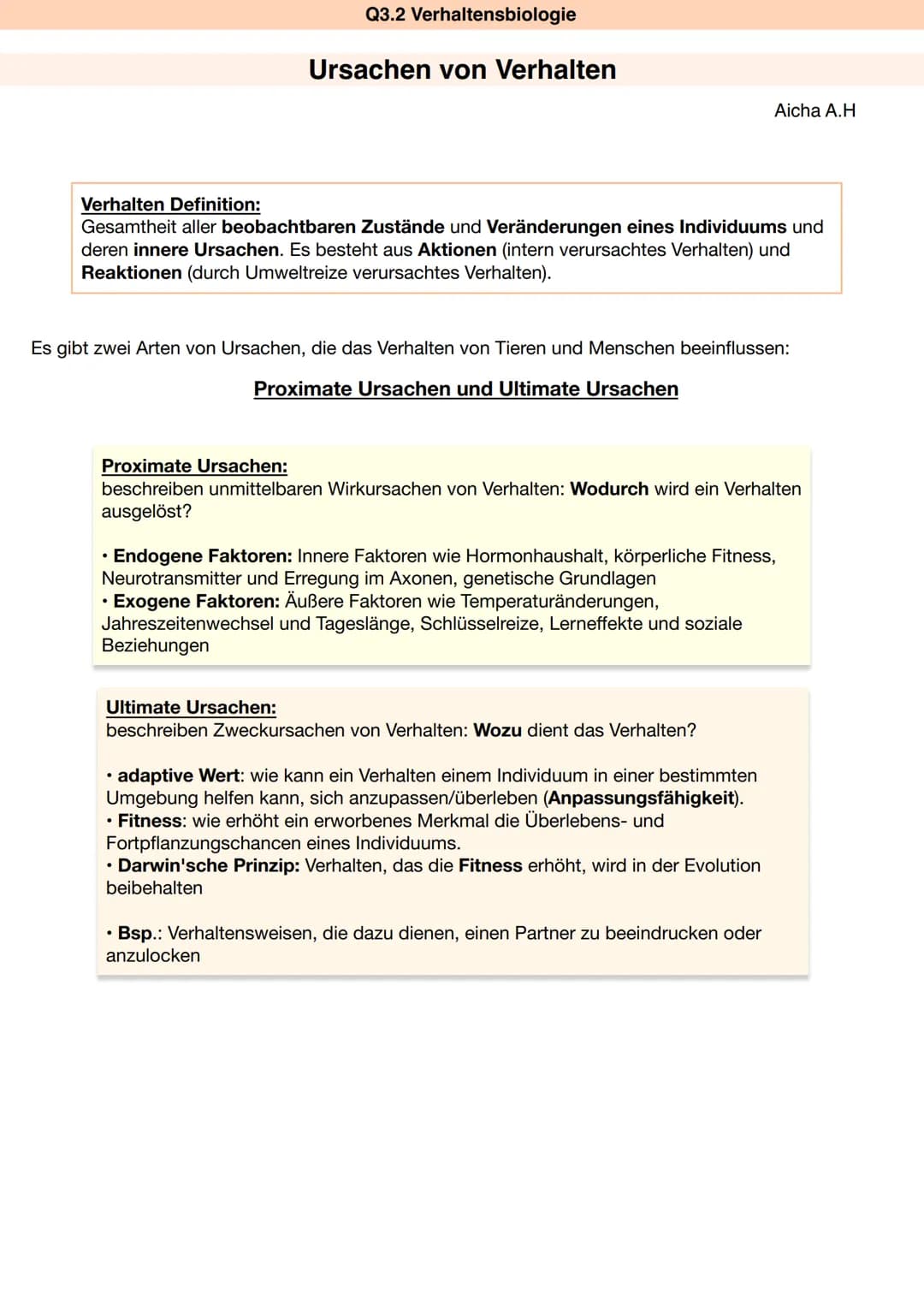 Q3.2 Verhaltensbiologie
Ursachen von Verhalten
Verhalten Definition:
Gesamtheit aller beobachtbaren Zustände und Veränderungen eines Individ