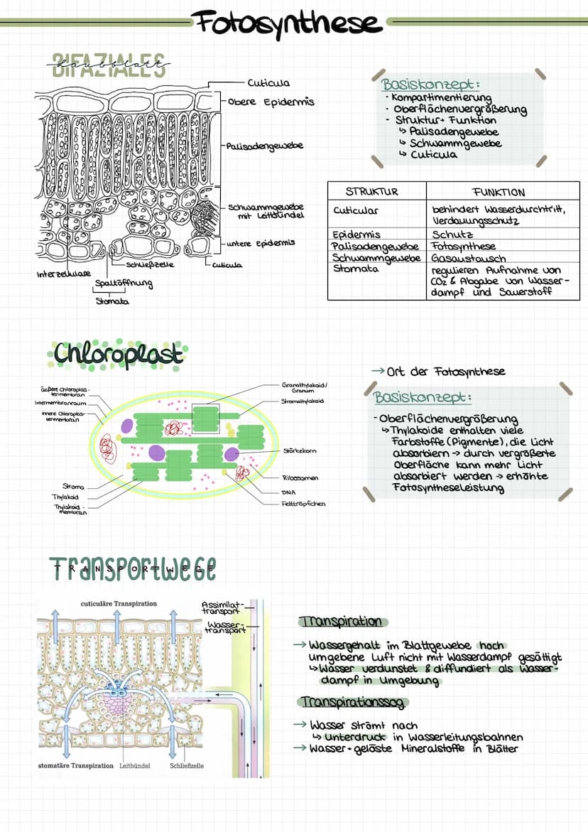 GESAMT
überblick
Palisadengewebe Hauptort FS
↳meisten Chloroplasten
Lichtenergie
6H₂0+ 6CO₂ Chlorophyll Cott12 O6 +60₂
erweiterte Reaktionsg