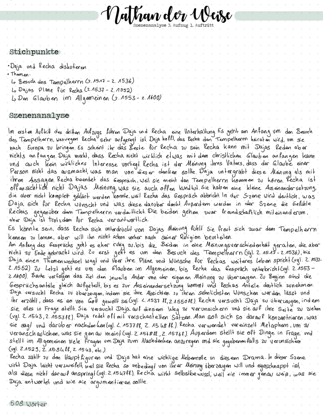 Nathan der Weise.
Szenenanalyse 3. Aufzug 1. Auftritt
Stichpunkte
•Daja und Recha diskutieren
• Themen:
↳ Besuch des Tempelherrn (2. 1517 -2