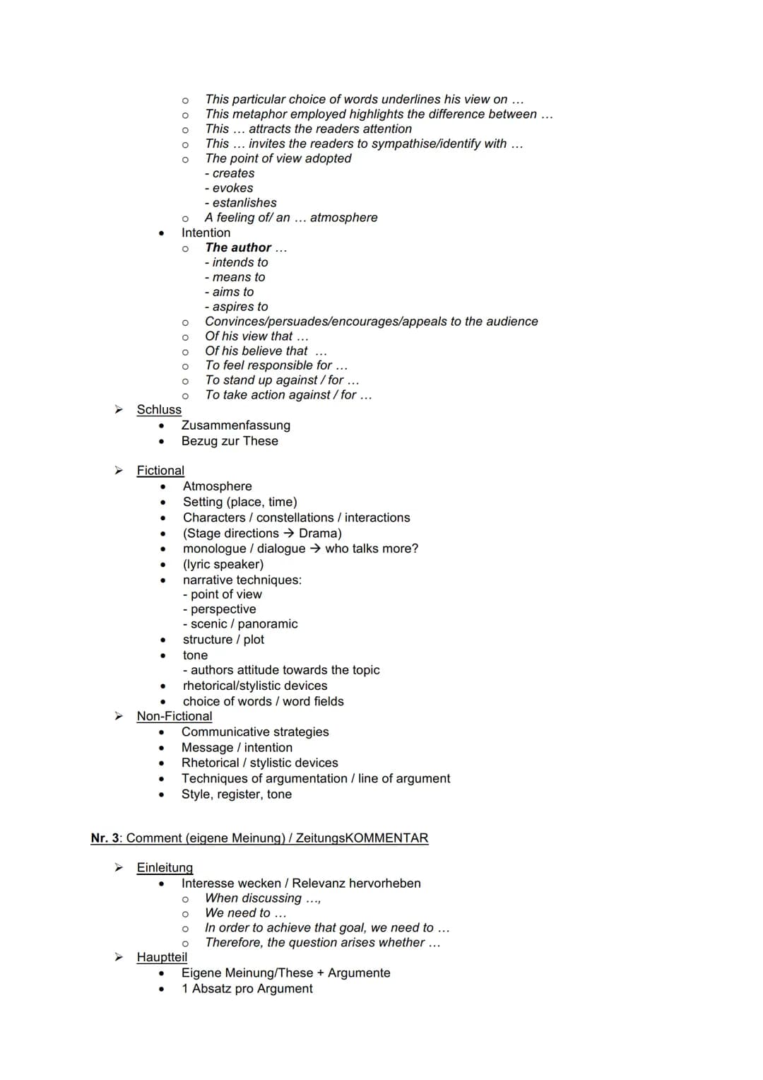 Englisch: useful phrases
Nr.1: Summary/Comprehension
●
●
Einleitung:
O W-Fragen
O
O
O
O
Thema einleiten
The text/excerpt/novel/short story "