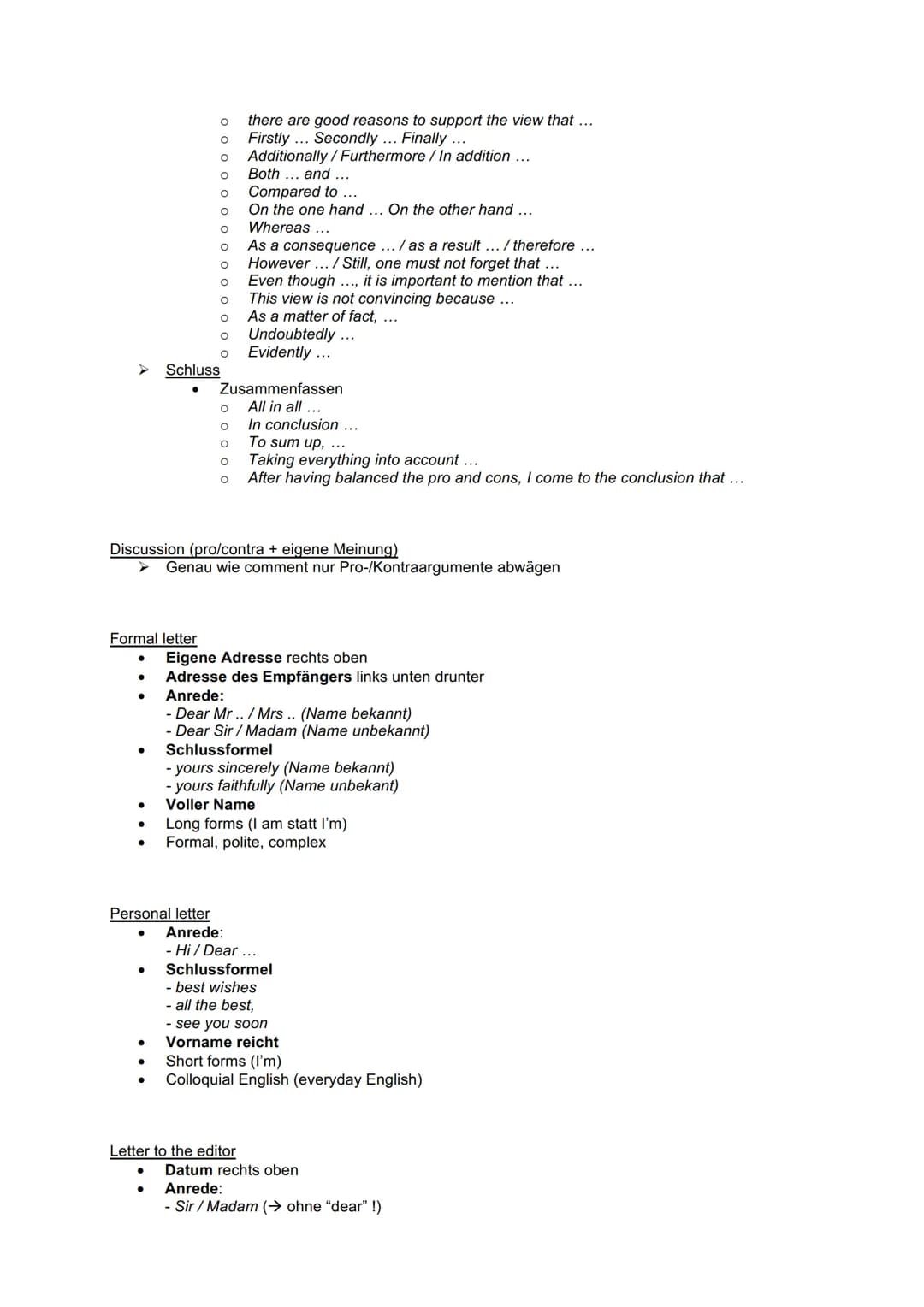 Englisch: useful phrases
Nr.1: Summary/Comprehension
●
●
Einleitung:
O W-Fragen
O
O
O
O
Thema einleiten
The text/excerpt/novel/short story "