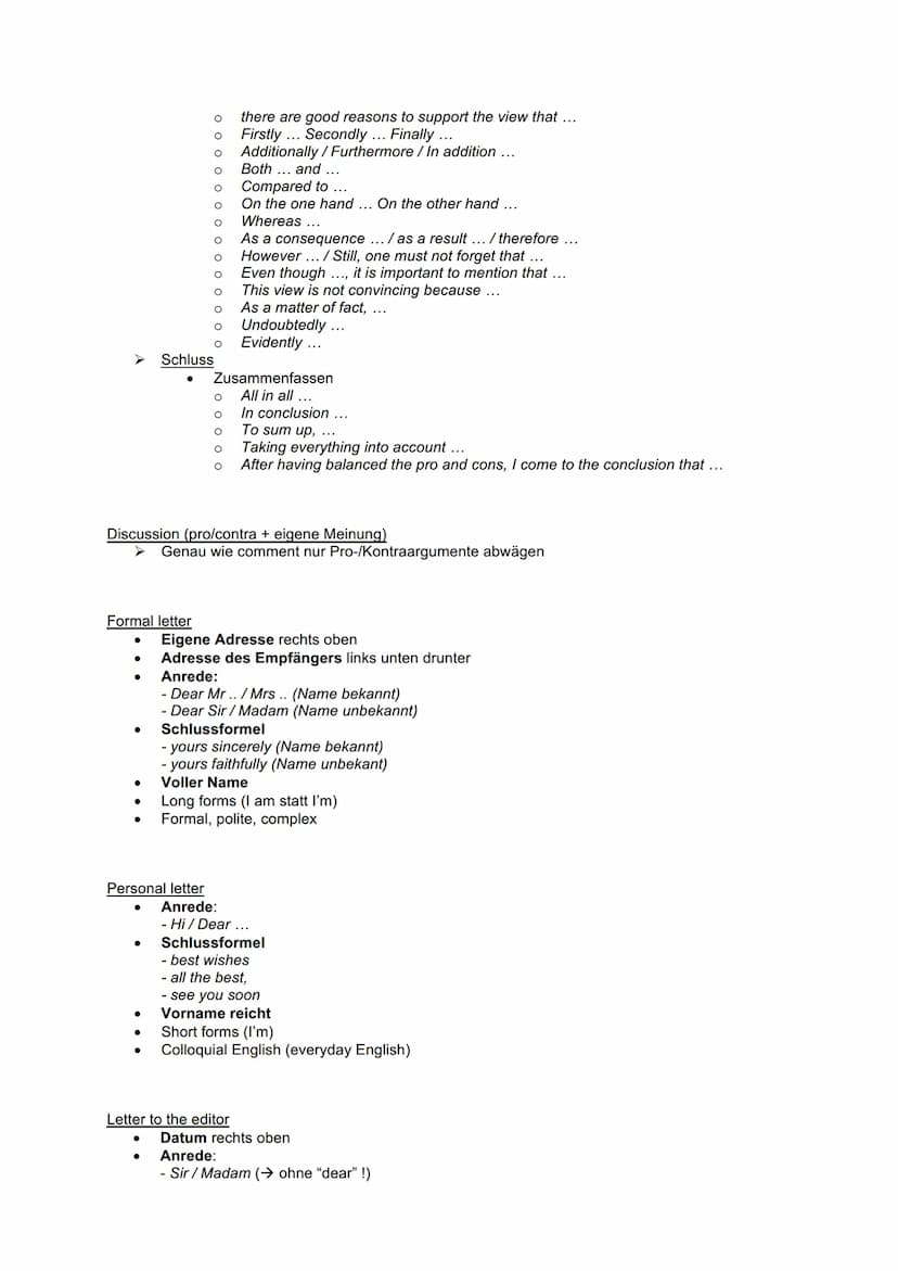 Englisch: useful phrases
Nr.1: Summary/Comprehension
●
●
Einleitung:
O W-Fragen
O
O
O
O
Thema einleiten
The text/excerpt/novel/short story "