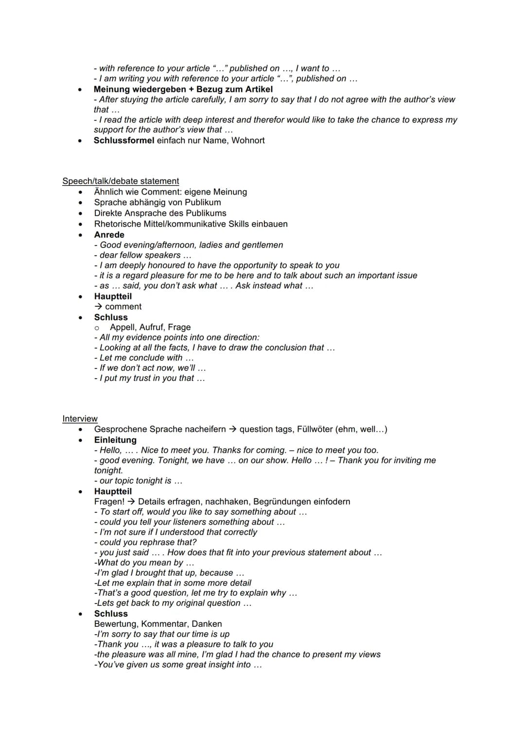 Englisch: useful phrases
Nr.1: Summary/Comprehension
●
●
Einleitung:
O W-Fragen
O
O
O
O
Thema einleiten
The text/excerpt/novel/short story "