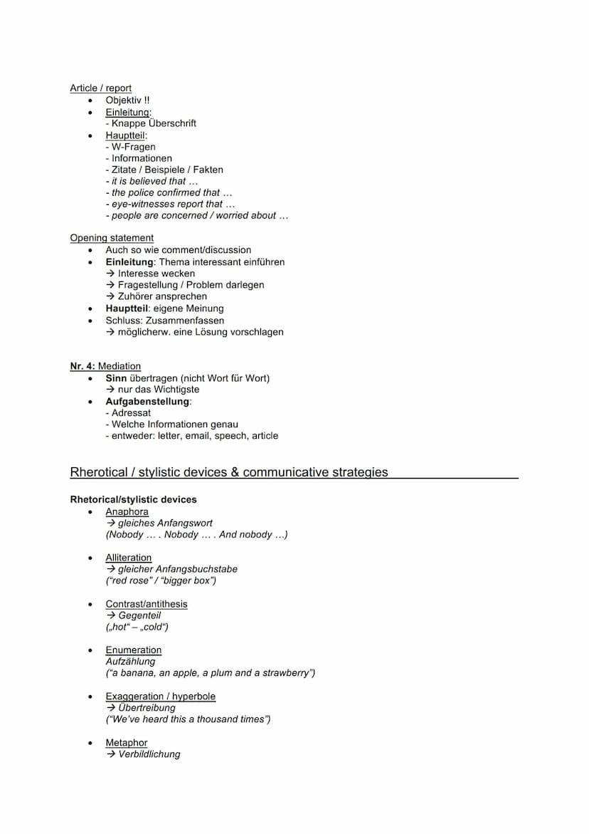 Englisch: useful phrases
Nr.1: Summary/Comprehension
●
●
Einleitung:
O W-Fragen
O
O
O
O
Thema einleiten
The text/excerpt/novel/short story "