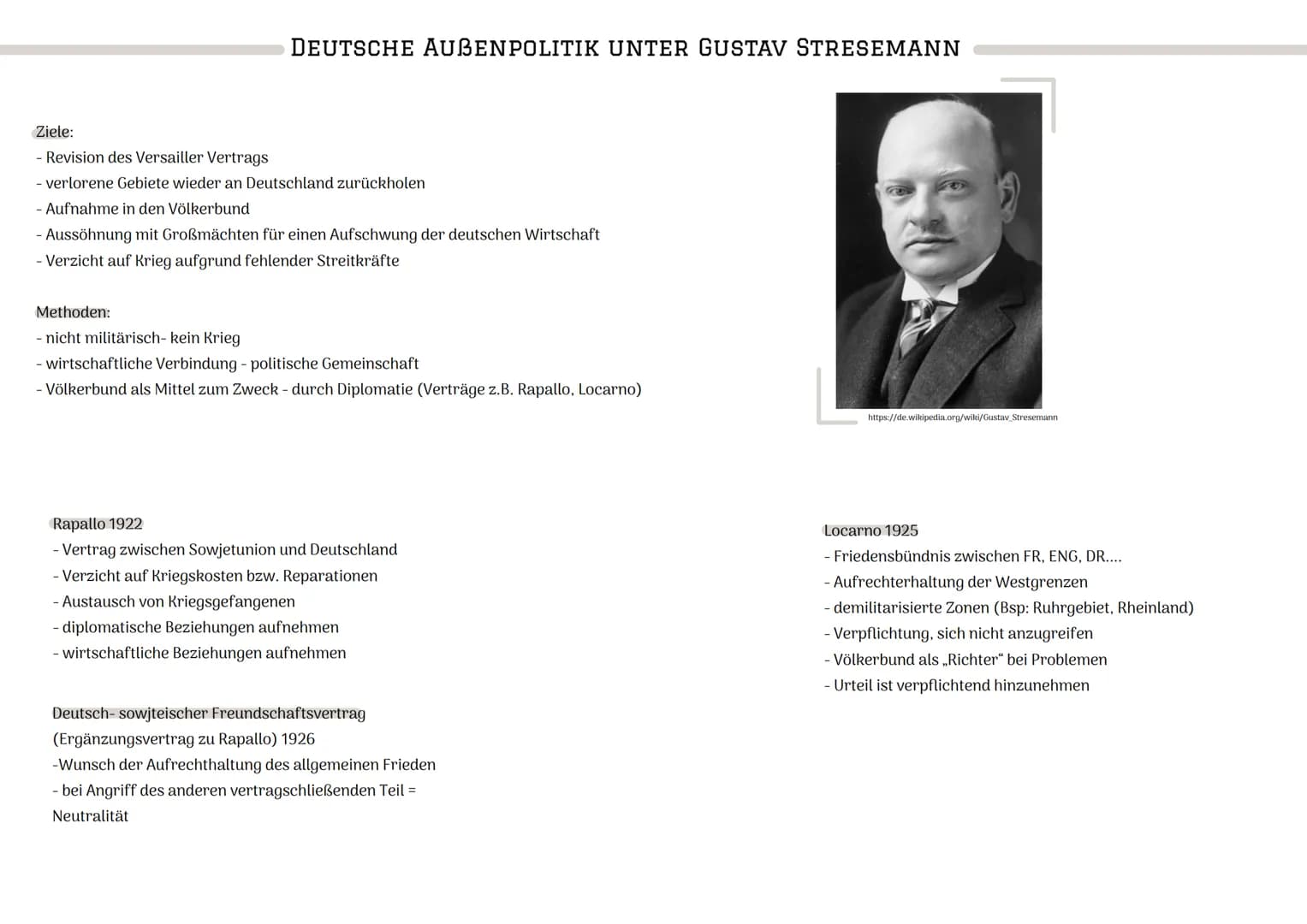 DEUTSCHE AUBENPOLITIK UNTER GUSTAV STRESEMANN
Ziele:
- Revision des Versailler Vertrags
- verlorene Gebiete wieder an Deutschland zurückhole