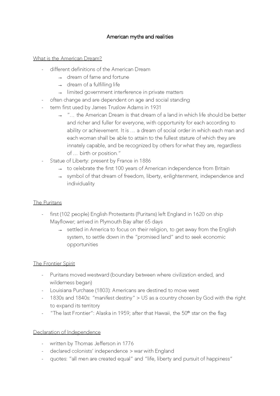 Abitur Lernzettel Englisch - American myths and realities