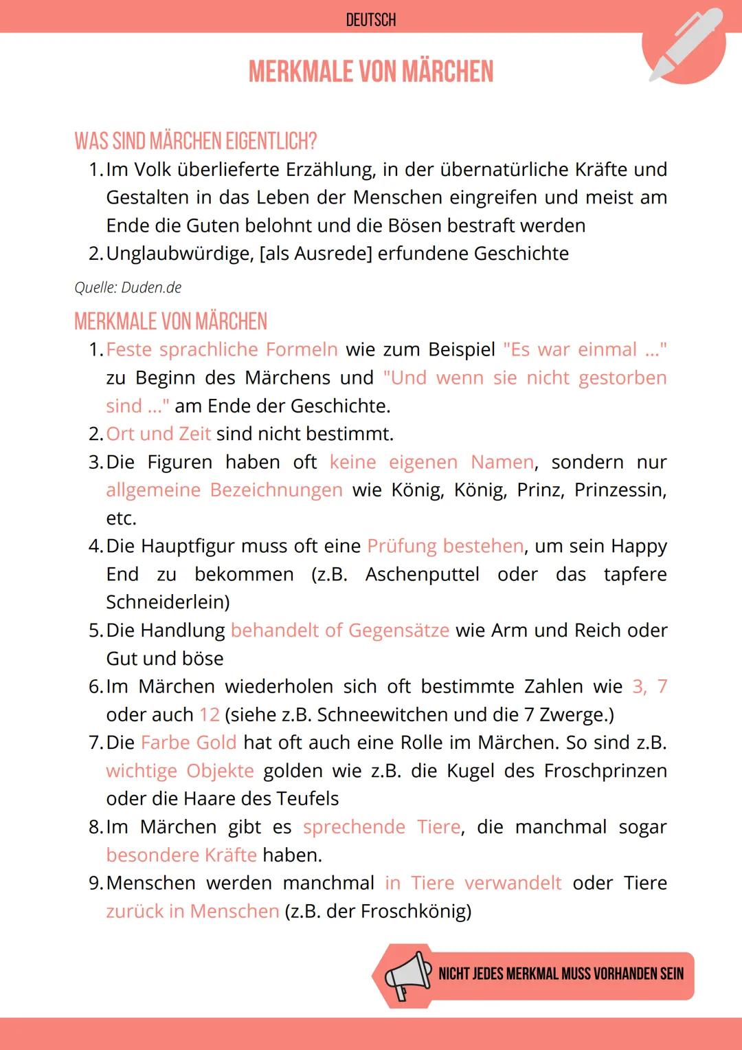 DEUTSCH
MERKMALE VON MÄRCHEN
WAS SIND MÄRCHEN EIGENTLICH?
1.Im Volk überlieferte Erzählung, in der übernatürliche Kräfte und
Gestalten in da