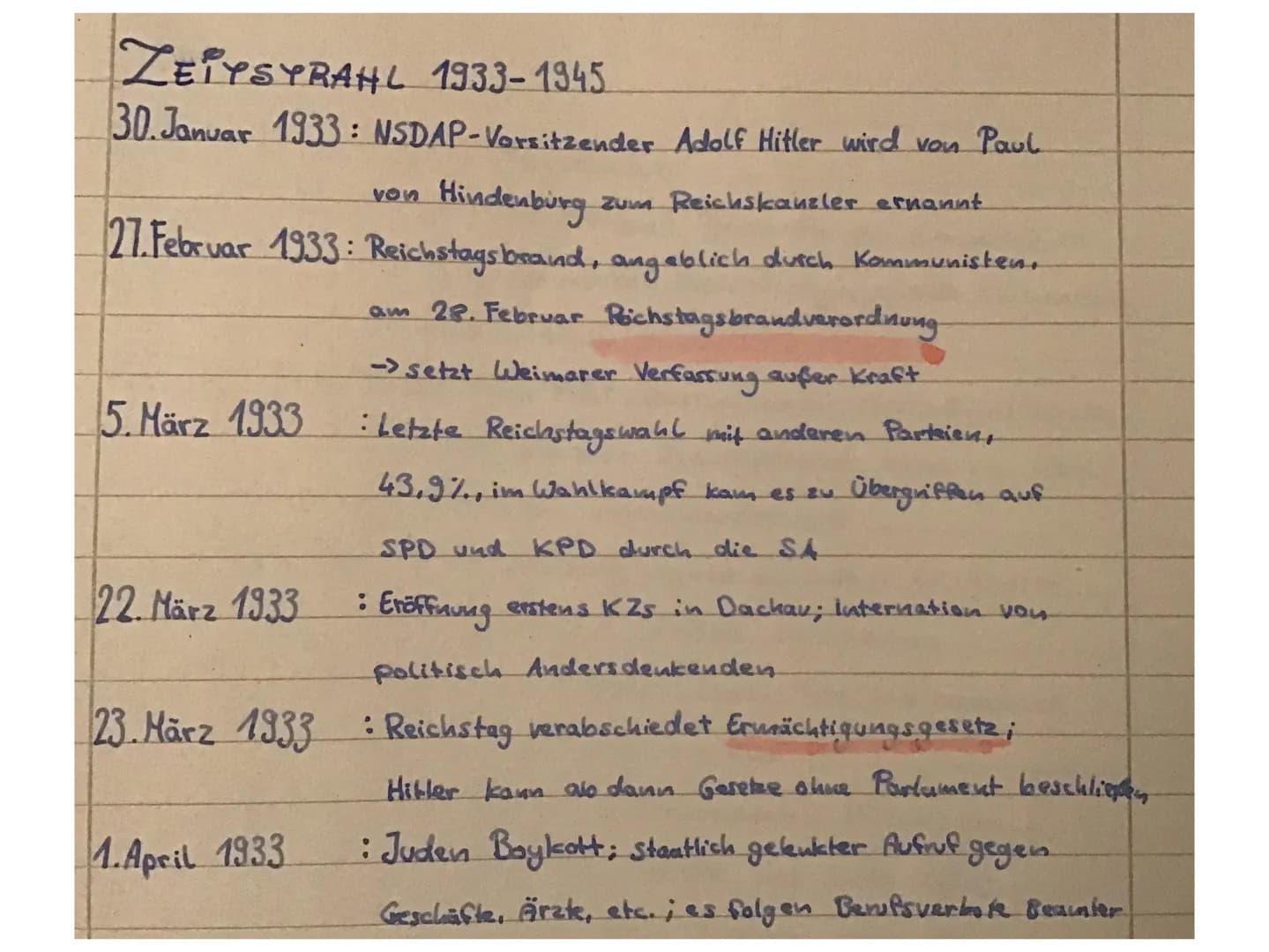 Nationalsozialistische
Diktatur
Zeitstrahl 1933-1945 ZEITSTRAHL 1933-1945
30.Januar 1933: NSDAP-Vorsitzender Adolf Hitler wird von Paul
Hind