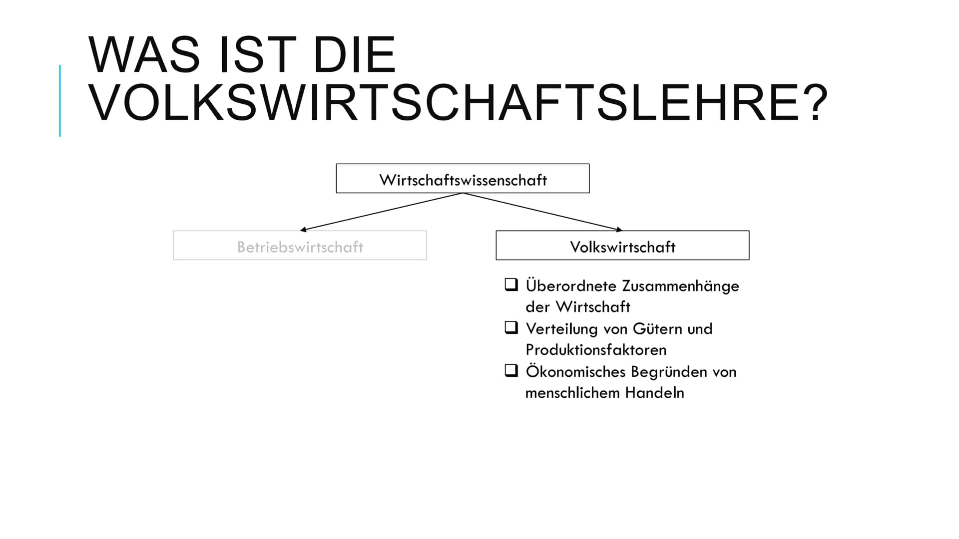 Grundlagen der Ökonomie
1) Was ist die Volkswirtschaftslehre?
Die Disziplin der Wirtschaftswissenschaften unterteilt sich in zwei Teile.
Die