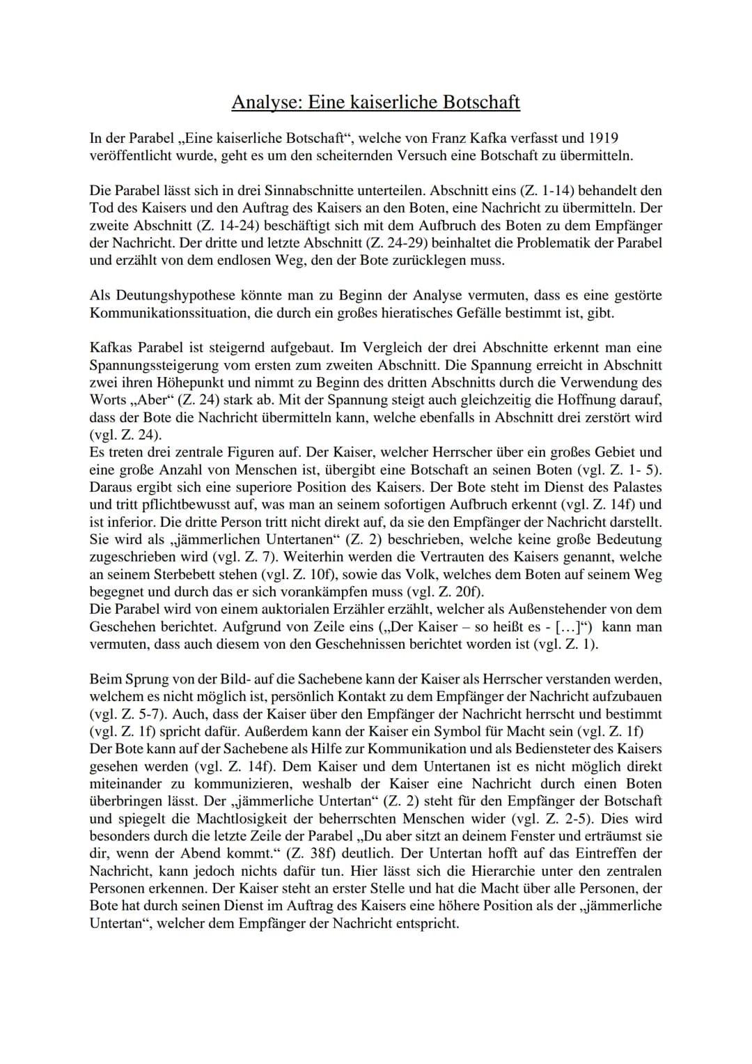 
<p>Die Parabel "Eine kaiserliche Botschaft", von Franz Kafka verfasst und 1919 veröffentlicht, behandelt den scheiternden Versuch, eine Bot