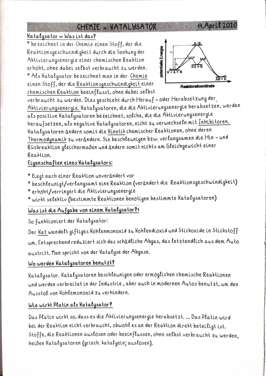 CHEMIE-KATALYSATOR
Katalysator - Was ist das?
bezeichnet in der Chemie einen Stoff, der die
Reaktionsgeschwindigkeit durch die Senkung der
A