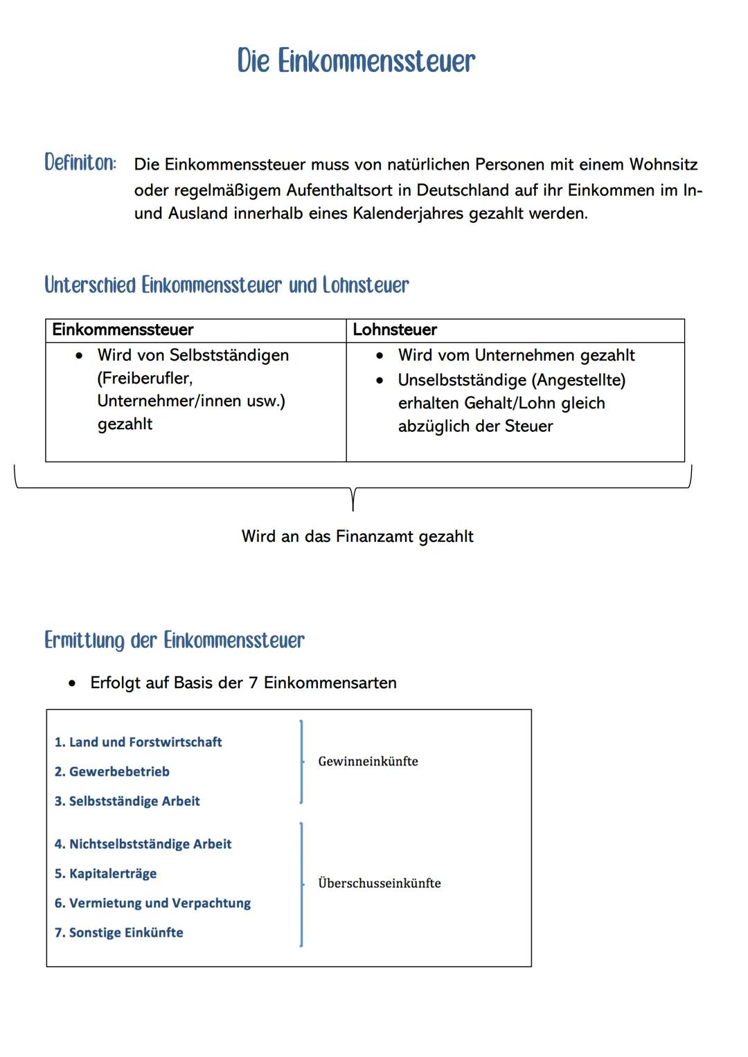 Definiton: Die Einkommenssteuer muss von natürlichen Personen mit einem Wohnsitz
oder regelmäßigem Aufenthaltsort in Deutschland auf ihr Ein
