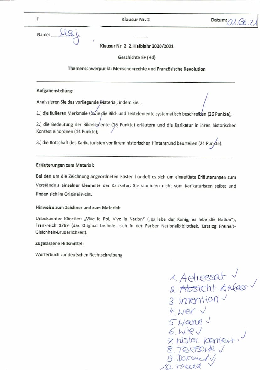 1
Name:
мај
I
Aufgabenstellung:
Klausur Nr. 2
Klausur Nr. 2; 2. Halbjahr 2020/2021
Geschichte EF (Hd)
Themenschwerpunkt: Menschenrechte und 