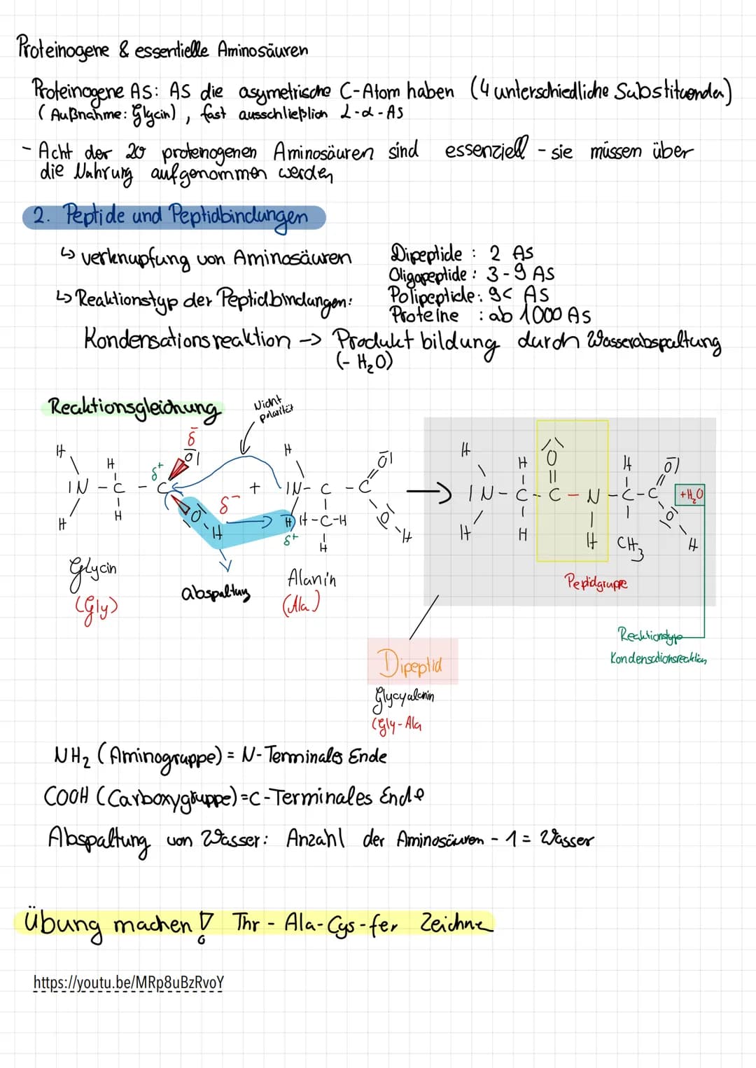 Klausur 2-Chemie-Eigene Zusammenfassung
1. Aminosäuren
1.1. Bau der Aminosäuren
Aminosäure Molekühl mit Aminogruppe & Carboxygruppe
Chiralit