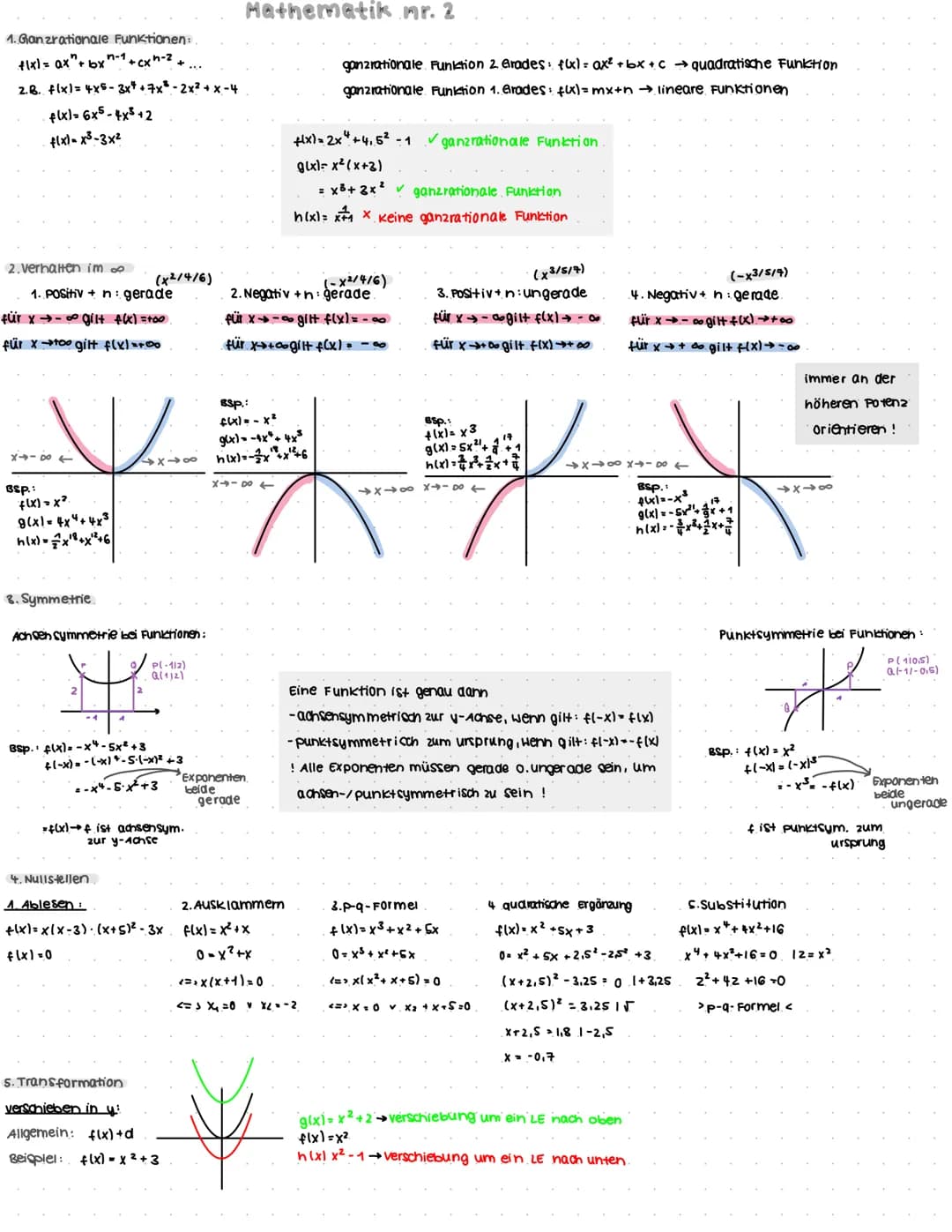 1. Ganzrationale Funktionen:
flx) = ax + bx
xn-1 + cxh-² + ...
2.B. f(x) = 4xs-3x4 +7x² - 2x² + x -4
flx)=6x5-4x³+2
f(x)=x²-3x²
2. Verhalten