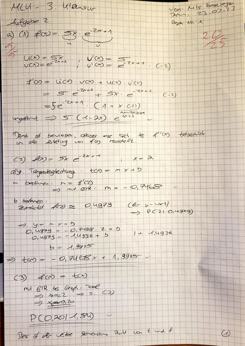 Name:
Nils
Q1 MLK WEBE
23.3.2023
3. Klausur
Hilfsmittelfreier Teil
Aufgabe 1: (Grundlagen: 4 +6 +6 + 5+ 4 = 25 Punkte)
a)
(1) Berechne das I